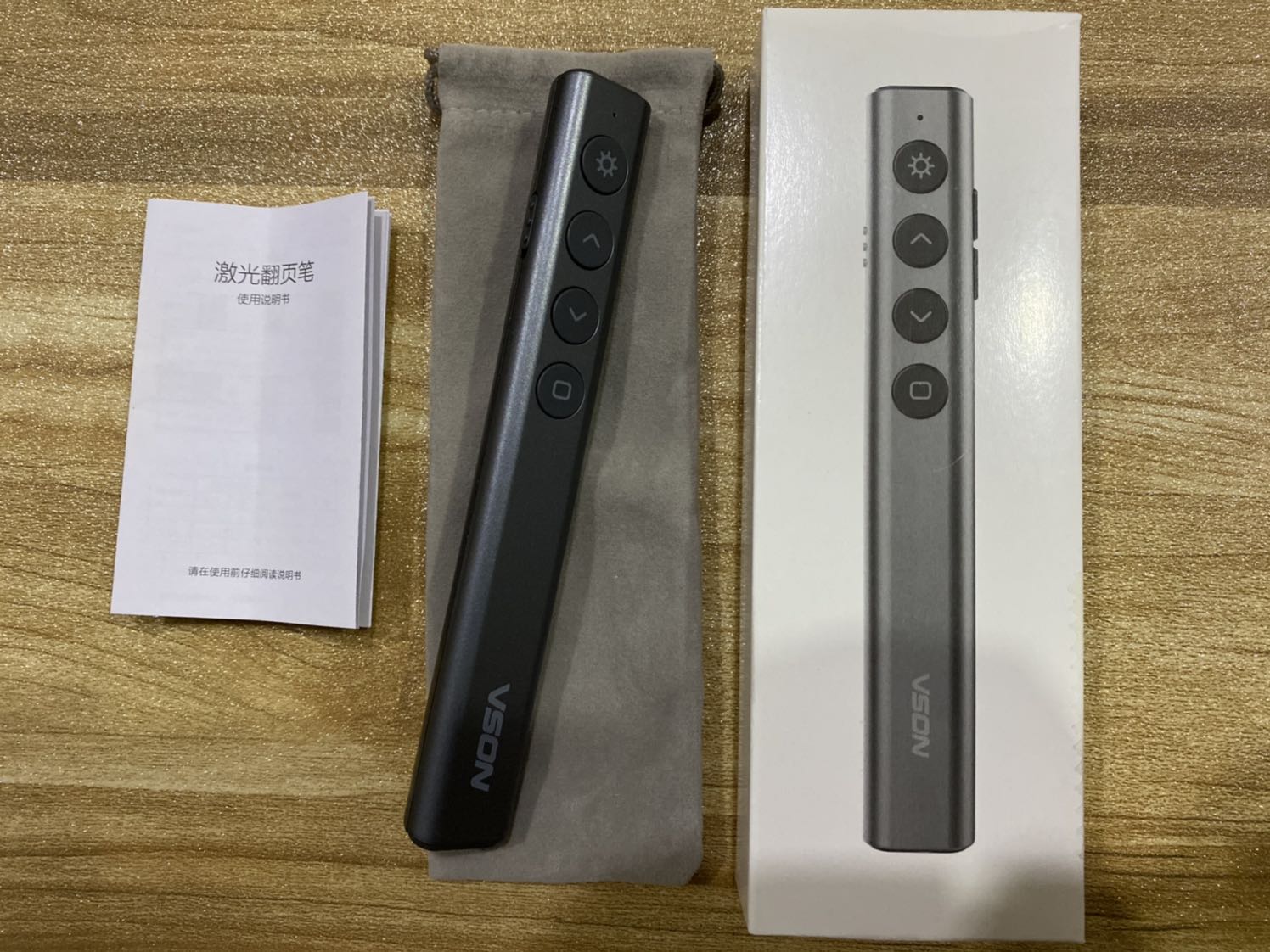 The item was received in about three days after purchase. The product doesn’t look as shiny as advertised, and it feels lighter than expected. Aesthetic aside, the item seems to be working well. Laser pointer function is very strong with a very long range. You must hold the button to maintain the laser. The rest of the buttons are use to control powerpoint. It comes with a storage bag and 1 AAA battery. The instruction booklet only comes in Chinese mandarin. So if you don’t know mandarin it will take a bit of time figuring out, it’s fairly easy to figure out. Or to save time you can visit Vson’s website. They have english instructions on there. The laser doesn’t seem to work on LG smart tv.
