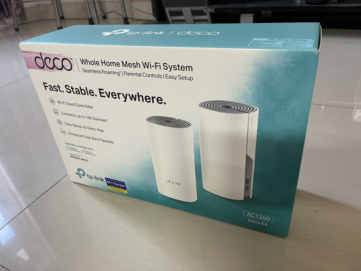 Giao hàng nhanh, đóng gói tốt. Hộp có seal của TP-Link.
Cài đặt rất đơn giãn qua ứng dung trên điện thoại.
Đáp ứng nhu cầu thiết lập phủ sóng wifi trong gia đình.