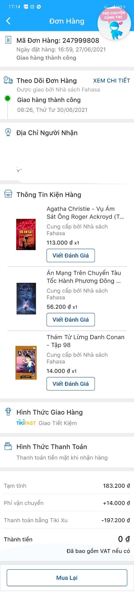 Mình mua ba cuốn sách, trong đó có hai cuốn của Nữ Hoàng Trinh Thám nổi tiếng Agatha Christie, đó chính là cuốn "Án mạng trên chuyến tàu tốc hành Phương Đông" và "Vụ ám sát ông Roger Ackyord", ai đam mêm trinh thám như mình chắc cũng không lạ lẫm gì hai tác phẩm nổi tiếng luôn đứng hàng top này đúng không ạ, vì vậy mà nội dung bên trong không thể bàn cãi mà chỉ có giơ hai ngón cái lên like thôi.FaHaSa là một nhà sách mà mình hết sức hết sức hết sức ×n tin tưởng mà chốt đơn, một phần không chỉ vì uy tín về chất lượng mà còn uy tín về dịch vụ giao hàng. Đơn hàng luôn luôn được bọc một lớp giấy chống sốc (loại mỏng mỏng) và đồng thời hai cuốn sách của Agatha Christie thì được bọc nguyên lớp nilong. Không nói nhiều, chỉ có thể nói hai câu sau: 
Về sản phẩm: 10/10
Về dịch vụ: 10/10
Lần này quả thật Tiki đã giúp mình có được trải nghiệm có: Một đơn sách 0₫