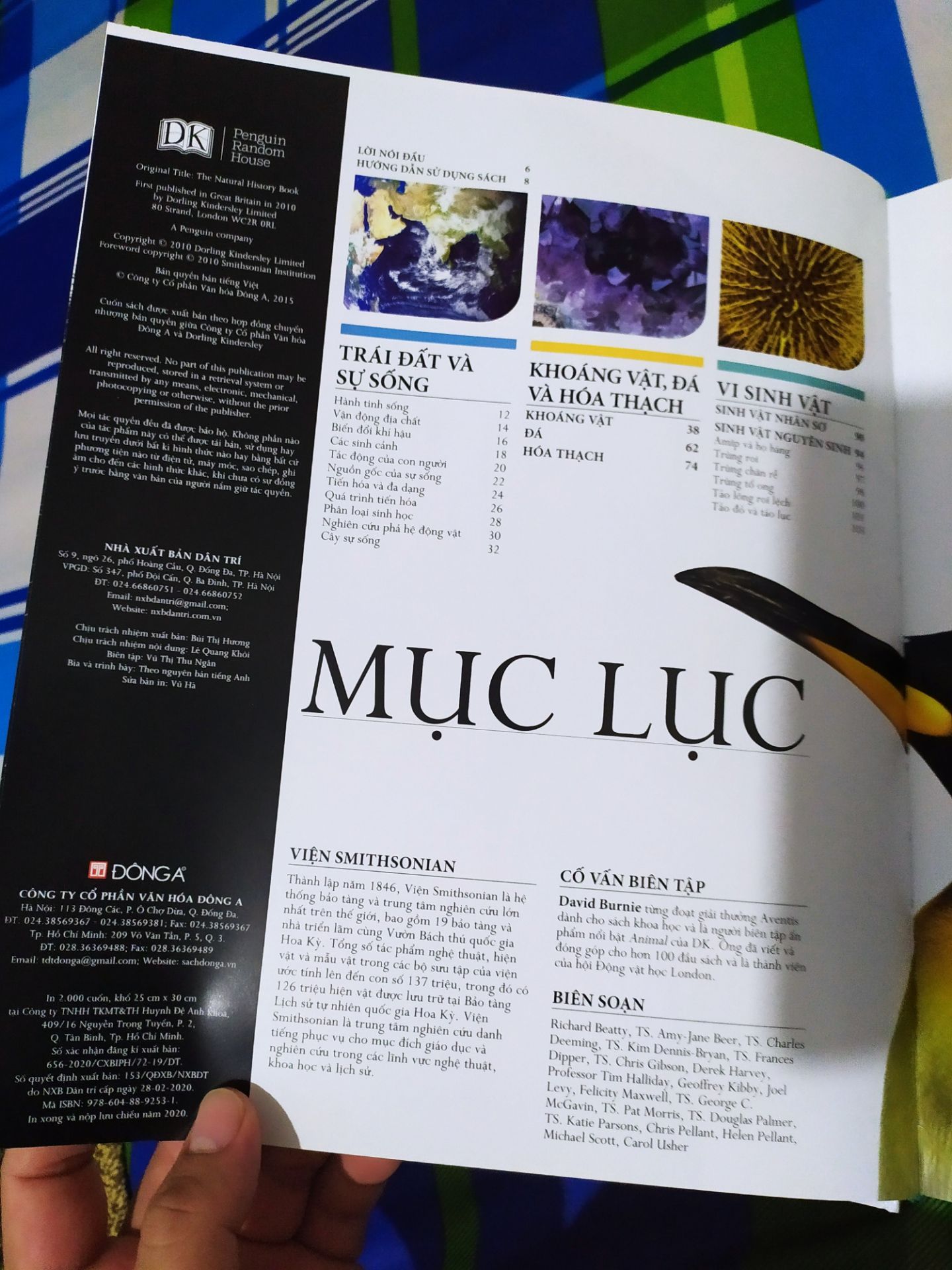 MỘT QUYỂN ATLAS GIÁ TRỊ VỀ THẾ GIỚI TỰ NHIÊN:
+ Hình thức, trình bày: Quyển lịch sử tự nhiên này nằm trong bộ 4 quyển lịch sử đồ sộ dựa trên 4 lĩnh vực lớn (bên cạnh lịch sử khoa học, lịch sử quân sự và lịch sử thế giới) do Đông A ấn hành dựa trên bản quyền tiếng anh của DK. Không cần bàn cãi về hình thức trình bày sách của Đông A- vô cùng logic. Sách được in màu toàn bộ trên giấy bóng dày, bìa cứng thiết kế bắt mắt, sang trọng. Hình minh hoạ đẹp, sắc nét, in không bị lem màu. Phông chữa to vừa dễ đọc. Khổ sách khá lớn và dày nên có thể xem như một quyển atlas tự nhiên.
+ Nội dung: Trình bày, giới thiệu nhóm vật chất và sinh vật sơ khởi của trái đất (khái quát về sự sống trên trái đất, các loại khoáng vật, vi sinh vật), để làm nền tảng đi vào 3 nhóm sinh vật lớn ngự trị trên hành tinh (nấm, thực vật, động vật). Trong mỗi chương, soạn giả miêu tả hết sức chi tiết về đối tượng với hình ảnh minh họa đặc thù của loài khiến độc giả thích thú theo dõi cũng như dễ tiếp thu, nhớ lâu, ấn tượng lâu dài, không hề nhàm chán như những sách khoa học chỉ có chữ và chữ.
+ Kết luận: dựa vào những tiêu chí nổi bật trên, quyển thế giới tự nhiên xứng đáng nằm trong tủ sách khoa học của mọi nhà. Sách phù hợp với mọi lứa tuổi: học sinh, sinh viên có thể tham khảo làm tài liệu học tập, người đi làm đọc để dung nạp thêm kiến thức cũng như thư giãn sau giờ làm việc.