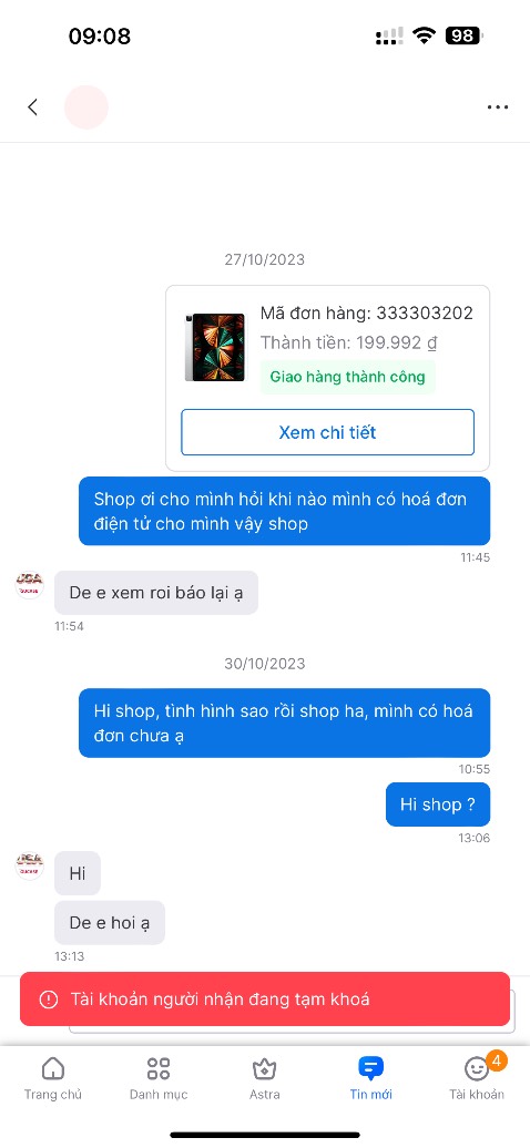 Nhắn tin cho người bán xuất hoá đơn mà lại bị chặn, làm việc như thế nào vậy shop ?
