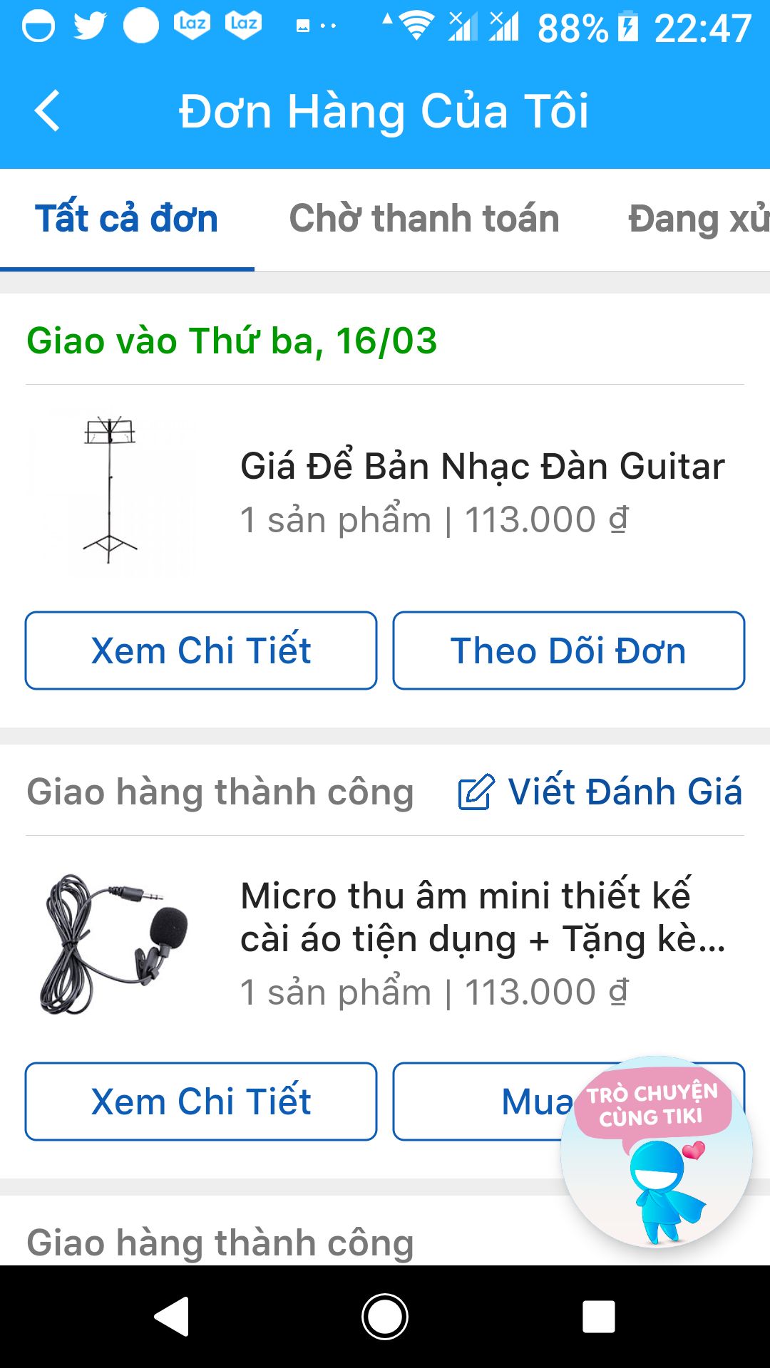 Tôi đặt cùng lúc 2 sản phẩm : micro và giá để tập nhạc .
tổng số tiền tôi phải thanh toàn khi nhận 2 sản phẩm trên là 113.000đ
Tại sao TiKi tách ra sản phẩm nào tôi cũng phải thanh toán 113.000đ.
Ngày thứ chai ,tôi đã nhận micro và đã thanh toán 113.000đ.
Hôm nay, có thông báo tôi phải chuẩn bị 113.000đ để nhận giá để tập nhạc. 
Có nhầm lẫn hay sai sót gì ở đây ????