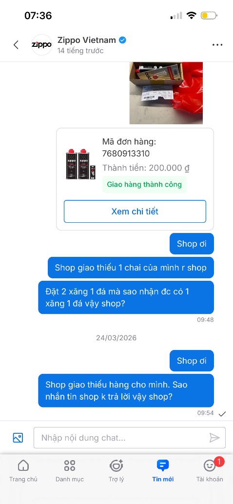 Mua 2 xăng 1 đá mà lúc giao chỉ có 1 xăng 1 đá. Xong nhắn tin mấy ngày shop không trả lời. Shop này là loại vô trách nhiệm, *** đảo, coi thường người mua.