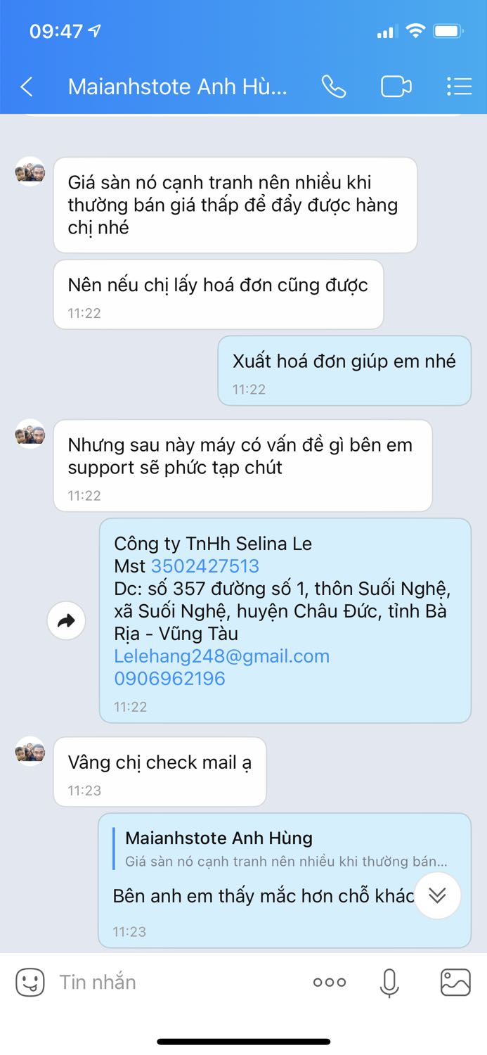 Không hài lòng với nhà bán hàng. Mình yêu cầu xuất hoá đơn. Nhưng bên bán hàng đề nghị mình giảm 10% và không xuất hoá đơn. Mình không chịu. Anh bán cứ nói mình kiểm tra email hoá đơn. Đến giờ mình vẫn chưa nhận được. Nhắn tin không thấy trả lời. Mình cần hoá đơn để thanh toán với công ty. Không hài lòng với nhà bán hàng. Mình yêu cầu xuất hoá đơn. Nhưng bên bán hàng đề nghị mình giảm 10% và không xuất hoá đơn. Mình không chịu. Anh bán cứ nói mình kiểm tra email hoá đơn. Đến giờ mình vẫn chưa nhận được. Nhắn tin không thấy trả lời. Mình cần hoá đơn để thanh toán với công ty.