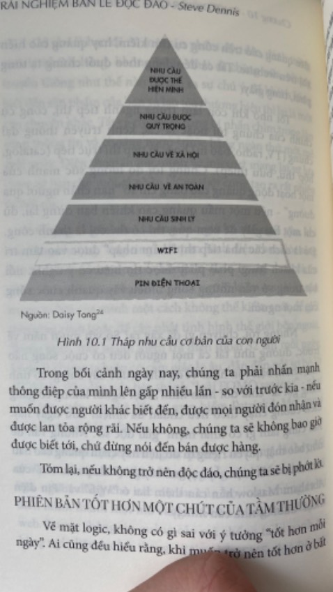 Nội dung sâu sắc, có tính chiến lược dành cho người muốn hoặc đang kinh doanh cửa hàng bán lẻ. Khi kinh doanh online phát triển mọi người thường nghĩ rằng cửa hàng trên phố sẽ dần ít đi nhưng tác giả nói rằng nhu cầu sờ nắm sản phẩm chưa bao giờ là mất đi vì thế cửa hàng vẫn có chỗ đứng trên thị trường. Quyển sách này chia sẻ cho bạn cách để kinh doanh thành công bằng hành trình thiết kế TRẢI NGHIỆM BÁN LẺ với tám thành phần được minh hoạ bằng sơ đồ rất sinh động. Điểm thú vị nữa là tác giả nhìn thấy nhu cầu cơ bản của con người không chỉ là ăn mặc mà là Pin và Wifi ^_^ 
Tiki giao hàng rất nhanh, sách đẹp, hay, nên đọc thử.