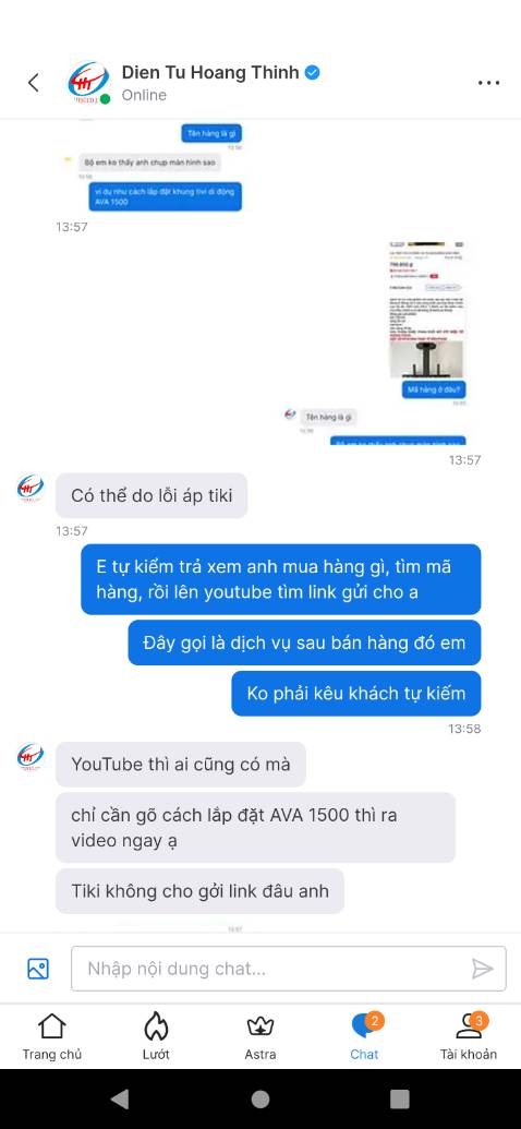 Dịch vụ hậu mãi kém. Nhân viên trả lời với khách cộc lộc, ko chủ ngữ vị ngữ. Hỏi hướng dẫn lắp đặt thì kêu tự lên YouTube coi, trong khi mã hàng thì tôi tìm hoài không thấy, trên hướng dẫn lắp đặt cũng không có, trên mô tả sản phẩm của tiki cũng không có