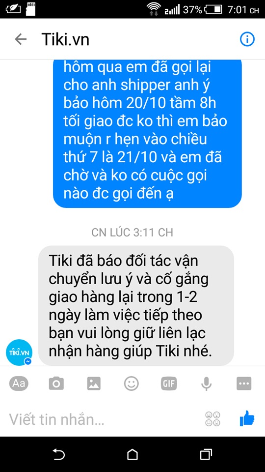 Quá BỨC XÚC và ỨC CHẾ nên phải lên đây để xả!!!!  T đặt hàng sách trên Tiki đợt KM hội sách online vào hôm CN 15/10 nhưng hôm 20/10 anh shipper gọi 1 lần vào buổi sáng nhưng ko nghe đc máy đến chiều t gọi lại hẹn vào chiều mai 21/10 thì bị leo cây, ko 1 cuộc gọi nào?! Hỏi lại Ad thì hẹn 1-2 hôm sau giao đến. Và T2 1 chị shipper gọi đến giao nhưng ko nhận đc vì đang ở trg học thì lại hẹn vs t hôm sau ship? Để rồi hôm nay ngồi chờ hàng thì nhận đc cuộc gọi của tổng đài Tiki huỷ hàng nói hôm 20/10 ko liên lạc đc =))) Hay thật đó chưa bh cảm thấy thất vọng về cách xử lý + giao hàng của Tiki ntn!!! ? Bộ buổi sáng là thời gian ngta đi học làm việc ko nhận đc hẹn buổi chiều là lỗi do t à?? Ko hiểu sinh ra Giao hàng tiêu chuẩn để làm cái gì? Mất 9 ngày chờ đợi vs KM coupon giảm 50% của t !!!!