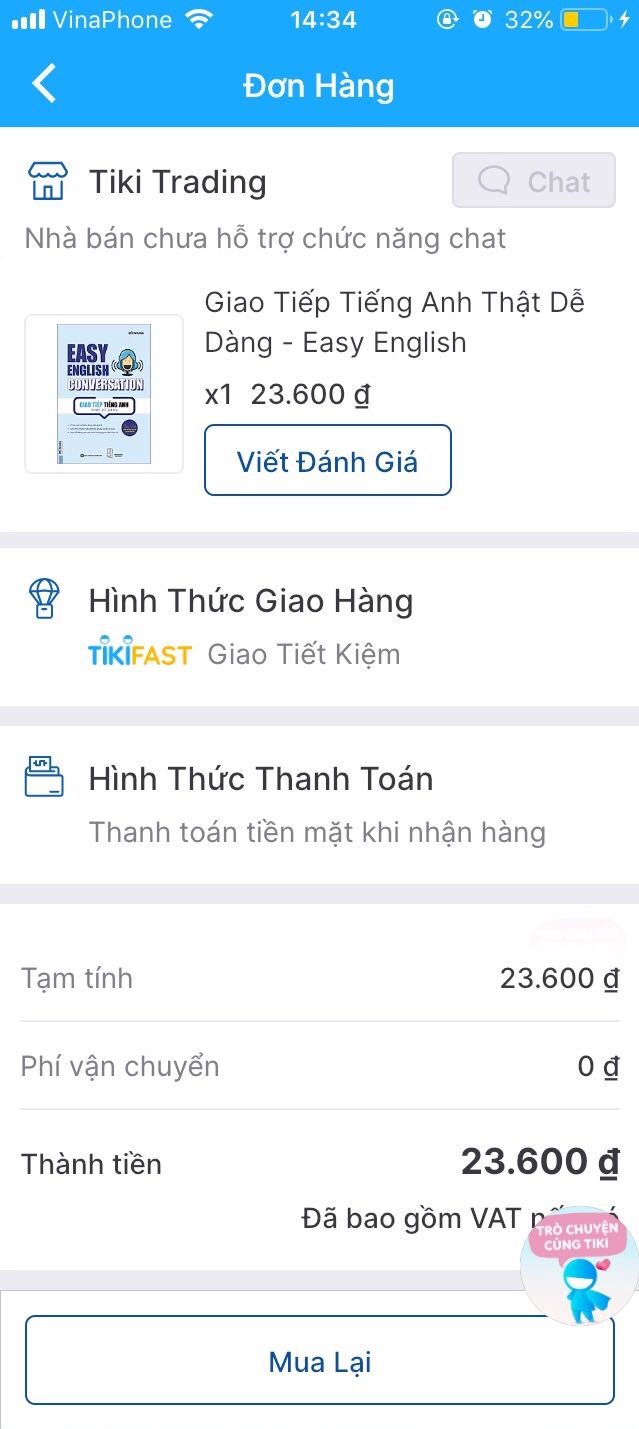 - Về dịch vụ: Mình mua đúng hôm Tiki sale nên giá rất rẻ. Tiki giao hàng nhanh, đúng 2 hôm là đến nơi rồi. Sách được đóng gói khá cẩn thận.
- Về sản phẩm: Bìa sách được thiết kế rất đẹp, hài hoà với tông màu xanh dương chủ đạo. Sách được chia làm nhiều phần với các chủ đề khác nhau. Trong sách có nhiều hình minh hoạ màu sắc và sơ đồ tư duy tạo cảm hứng học tập. Các nội dung trong sách hầu hết đều ở mức cơ bản, phù hợp với các bạn mới bắt đầu học hoặc bị mất gốc Tiếng Anh.