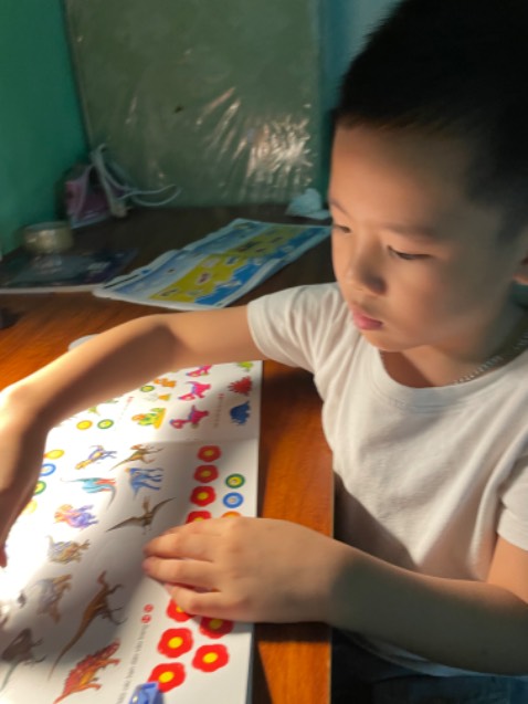 Bạn 4 tuổi nhà mình rất thích và ham, bé vốn không chịu ngồi im, mà mình đã rèn được từ: con chỉ- mẹ bóc- con dán, sang con tự tìm- tự bóc- tự dán, khá tập trung, hào hứng! Nhất là cuốn khủng long và các loại xe