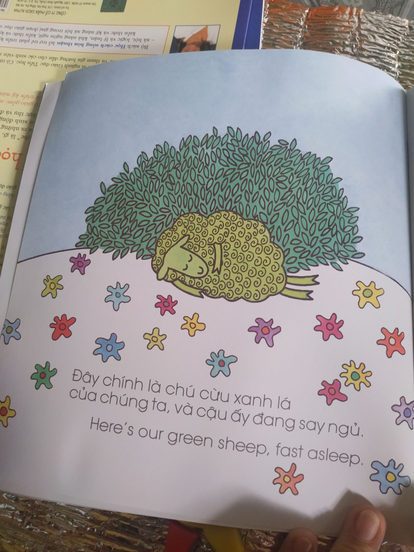 Hàng giao ngày mưa nên bị ướt một góc sách, bù lại được gặp một chú cừu ở khắp mọi nơi, thêm phần tiếng anh nữa. Bé đươc phiêu lưu cùng chú cừu từ sớm đến lúc ngủ luôn. yêu chú cừu màu xanh lá!