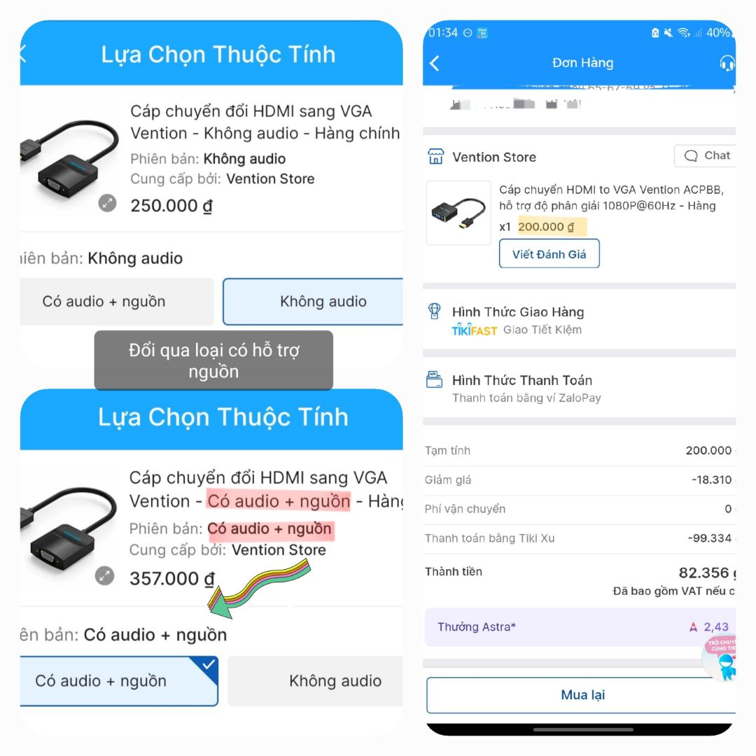 Hành trình đối với chiếc cáp HDMI to VGA này quả thực với mình là cũng rất rất thú vị. 
Mục đích là mình dùng thêm 01 màn hình từ laptop sang màn hình PC cũ. Vốn dĩ để nhìn bảng biểu làm việc từ màn 14” qua màn 21”, dùng song song 2 màn cho thuận tiện, ấy vậy mà tìm hiểu kỹ càng, đảm bảo chuẩn phương thức kết nối là tìm dây HDMI của laptop qua VGA của màn. Rồi đắn đo chọn lựa hàng vention cho đảm bảo ngon lành, tốc độ truyền tải nó nhanh nó nét. Ấy thế mua, xuống tiền mua, nhận hàng rồi. Hàng đảm bảo chuẩn chính hãng, đắt hơn chút so với mua từ nước ngoài về, cũng là shop chính hãng, đặt từ một sàn t.m.đ.t khác. Nhưng để tiện, nhanh đáp ứng kịp thời nhu cầu, sẵn tiện khi ấy astra đang lên, hồi bữa có mua đc ít astra rẻ, mình đổi ra xu, rồi kẹp thêm thanh toán tiki xu, giá chỉ còn ~80k ( từ niêm yết – giảm giá – tiki xu). Nhưng đời hổng là mơ, khi đã bóc hàng, cắm dây, đảm bảo cắm chặt đàng hoàng, thế nhưng tín hiệu ko lên, mặc dù khi cắm cáp thì màn hình ở laptop vẫn chớp nháy (theo tư vấn từ shop thì tức là con chíp của dây cáp vẫn nhận, cáp vẫn sống) , thế tại sao lại ko lên được màn hình. Mình thử đổi qua cáp VGA khác, cũng ko ăn thua. ( cáp VGA này vẫn đang hoạt động bthuong nhé). Bữa sau, khi đem cả lap cả bộ dây HDMI to VGA (màu đen) qua shop để *** và đổi qua loại dây có hỗ trợ nguồn +audio (màu trắng) thì đã nhận rồi. Bởi vậy bạn nào có ý định, thì cũng xem xét ví dụ mình gặp phải, để dự phòng tình huống có thể xảy ra nhé. Chốt lại shop đồng ý đổi và mình thanh toán thêm 100k giá chênh giữa loại HMDI to VGA có audio và không có audio. Các bạn có thể xem thêm review từ mình cho các sản phẩm khác ở trang cá nhân tiki https://tiki.vn/feed/profile/21579466*** nhé.