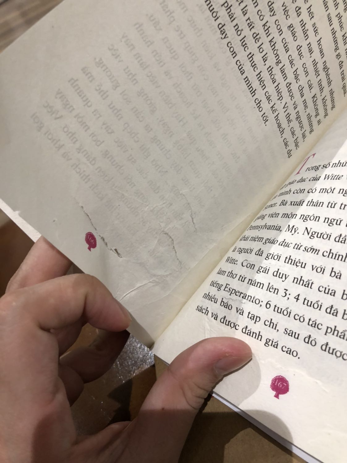 Mình đã mua sách rất nhiều lần trên Tiki cũng như trực tiếp tại cửa hàng Fahasa nhưng chưa bao giờ gặp trường hợp như thế này! Thực sự rất bức xúc, trước giờ mỗi cuốn sách mình mua mình đều gìn giữ cẩn thận, có những cuốn mình đọc đi đọc lại nhiều lần nhưng vẫn rất mới vì mình trân trọng từng cuốn sách của mình, vậy mà hnay sách còn chưa kịp đọc đã thế này rồi, háo hức nhận sách mở ra gặp cục tức như thế này đây! 
Mình cũng ko có ý định đòi đổi lại sách vì rất mất tg, chỉ mong bên nhà cung cấp và Tiki cẩn thận hơn trong việc kiểm tra sản phẩm trước khi gửi cho khách hàng!