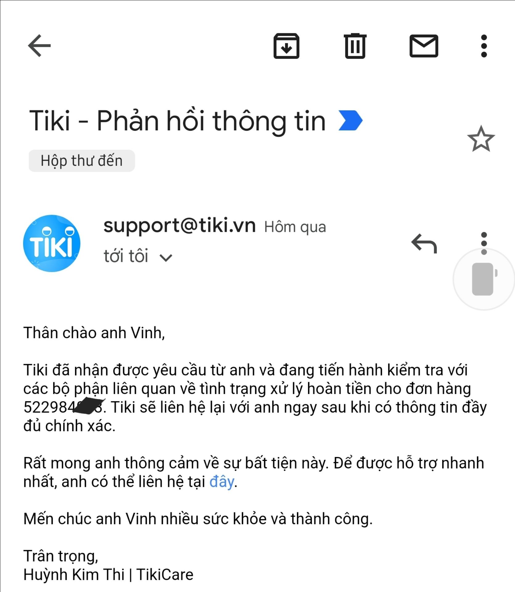 Mua balo thiếu quai đeo, Tiki báo chờ thu hồi, đổi mới.
Chờ mãi ko thấy phản hồi, hỏi lại thì báo hết hàng, chờ hoàn tiền.
Chờ mãi hoàn được tiền thì nhận 29.000₫ trong khi đơn 551.000₫, đến giờ chưa có thông tin gì tiếp theo.
Mình thấy KH của Tiki đi mua việc chứ ko phải mua hàng, hàng ko có xài, tiền thì bị giam, giờ phải quỳ lạy để được lấy lại tiền của mình.
Buồn cho DN Việt.
