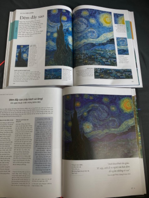 Hài lòng ở mức độ bình thường. Giá sách không rẻ nhưng lại sai sót những lỗi căn bản như này thì nxb nên xét lại, giấy không thơm lắm.
Mình không am hiểu về hội hoạ lắm nhưng mình có mua một cuốn khác cũng có tranh The Starry Night thì có sự chênh lệch màu, và màu trong cuốn này kém tươi hơn (ý kiến cá nhân).