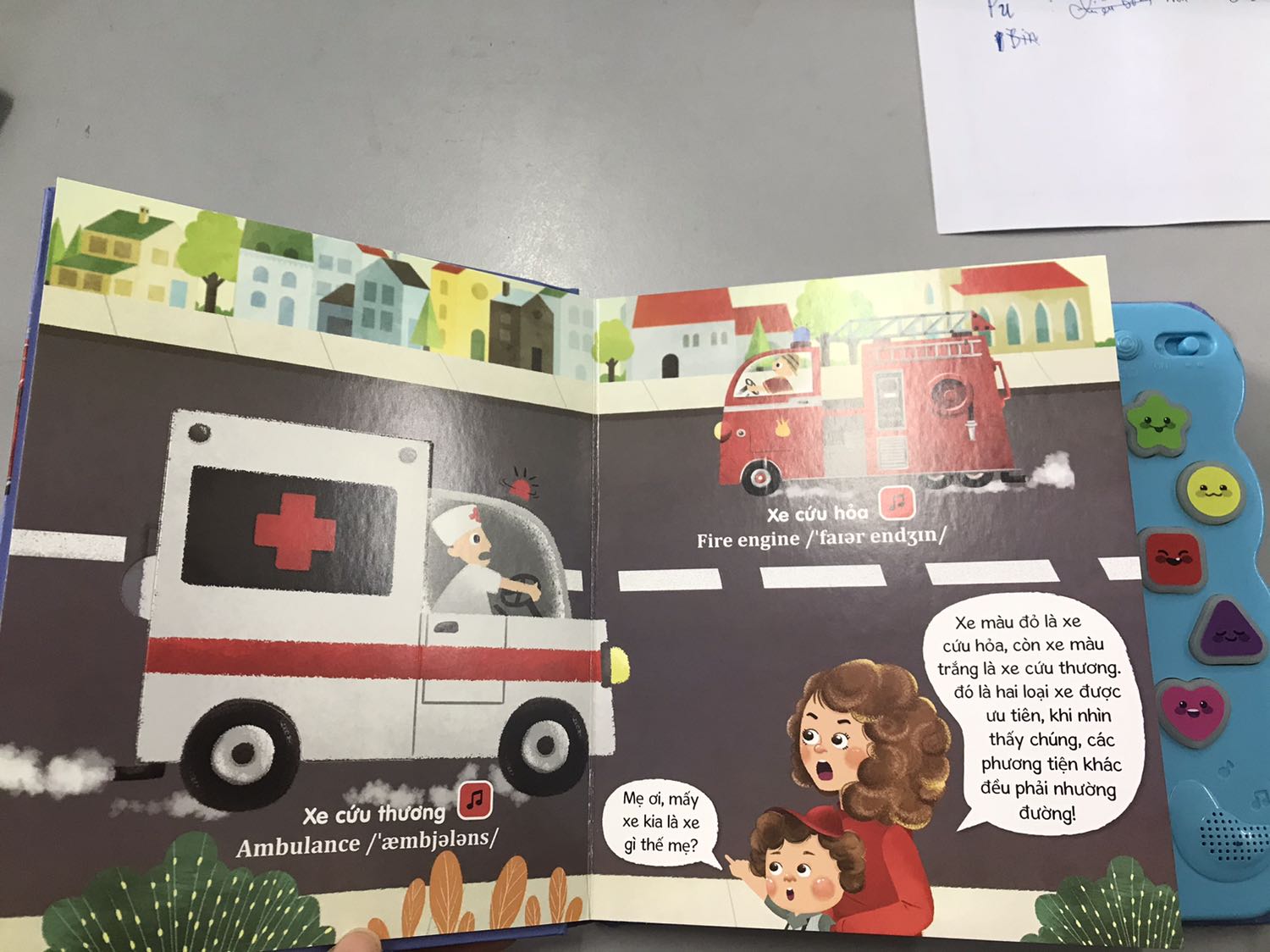 Sách gồm 5 trang, trang đầu tiên có lật giở, các từ vựng trong sách đều có cả tiếng anh và quan trọng hơn là có cả cách phát âm - đây là điều mà ít sách để tâm. Cạnh mỗi từ sẽ có biểu tượng tương ứng với nút âm thanh ở bên cạnh và sẽ được phát theo thứ tự. Âm thanh minh hoạ cũng rất chân thực. Điểm trừ là giá thành còn cao. Giá gốc là 199k mình mua được giá giảm nên thấy đỡ xót hơn