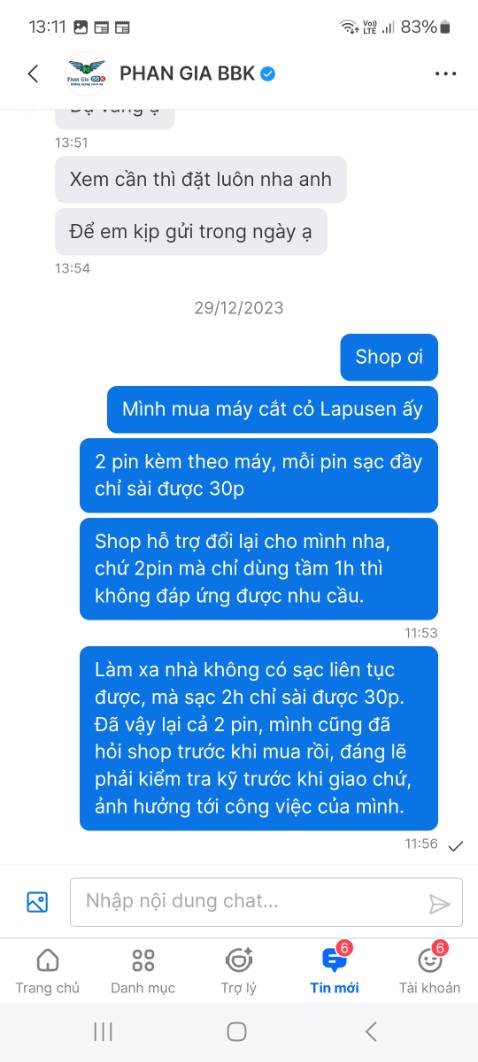 - Shop làm ăn thiếu đạo đức. Hỏi trước là thời gian 1 pin sạc đầy là bao lâu thì báo 2 - 3 tiếng, thực tế 30p. 
- Nhắn tin đề nghị đổi Pin thì đọc xong không trả lời. 
- Làm ăn kiểu này thì đừng bán trên Tiki nha shop, tôi mua ở đây vì tin tưởng Tiki, còn nơi khác giá rẻ hơn và khách hàng báo dùng 2h/ lần sạc nha. Cũng đừng ngụy biện là Pin lỗi nha, vì đã có khách hàng khác phản ánh, cả 2 Pin kèm theo máy đều chỉ 30p, nên không chấp nhận chuyện lỗi ở đây, là cố tình làm ăn không trung thực.