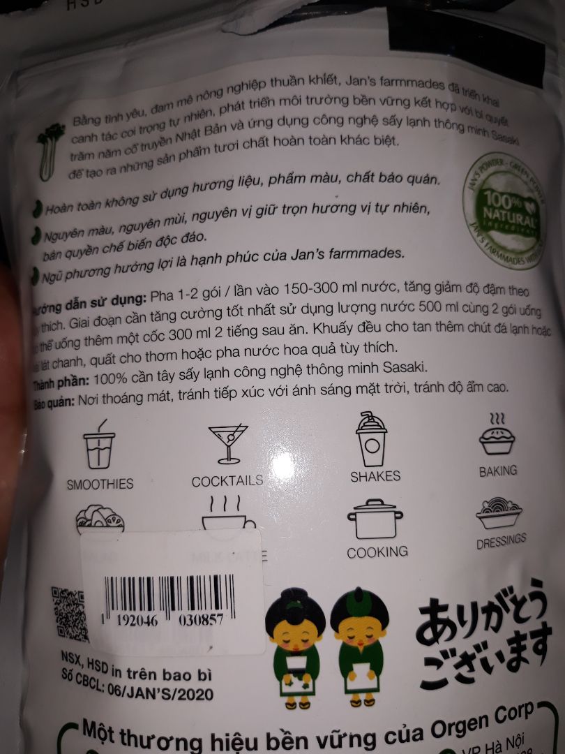 Nếu không có máy ép hay máy xay thì dùng tạm cũng được. nhưng ai mà từng uống cần tây nguyên chất rùi và trải nghiệm lợi ích sau 1 thời gian uống thì cảm giác sản phẩm này chỉ đạt 40-60% tác dụng là cao. Tính ra thích hợp trộn sinh tố uống cho thêm vị thui chứ thật lòng không kỳ vọng vào tác dụng thuốc giống nước ép của cần tây tươi. Dù sao cũng là sản phẩm Việt Nam nên cho sao khuyến khích vì vì đóng gói và sản phẩm bột ok không có vấn đề gì.
