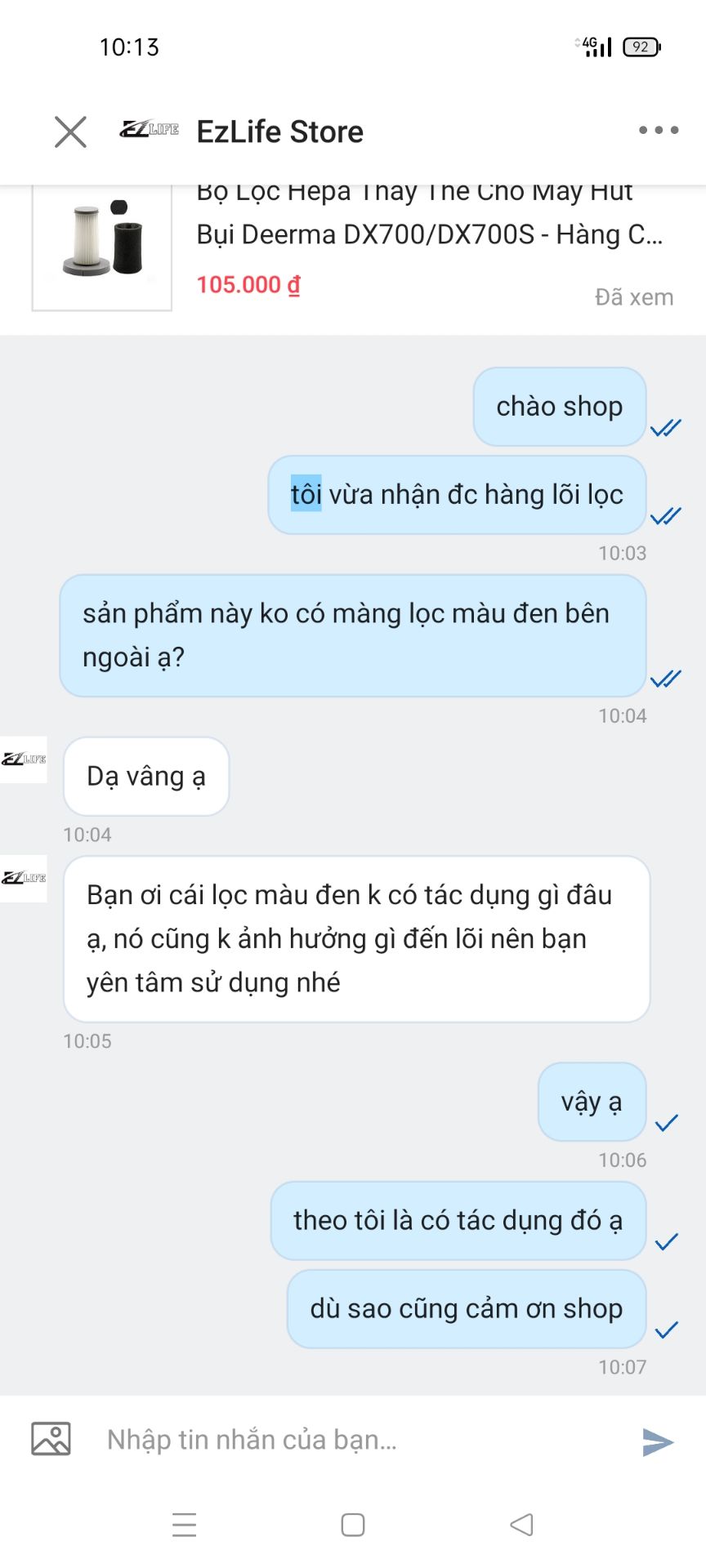 Giao hàng ko có màng lọc bụi màu đen. Hỏi shop thì shop trả lời là nó ko có tác dụng gì. Câu trả lời vậy có chấp nhận được không?