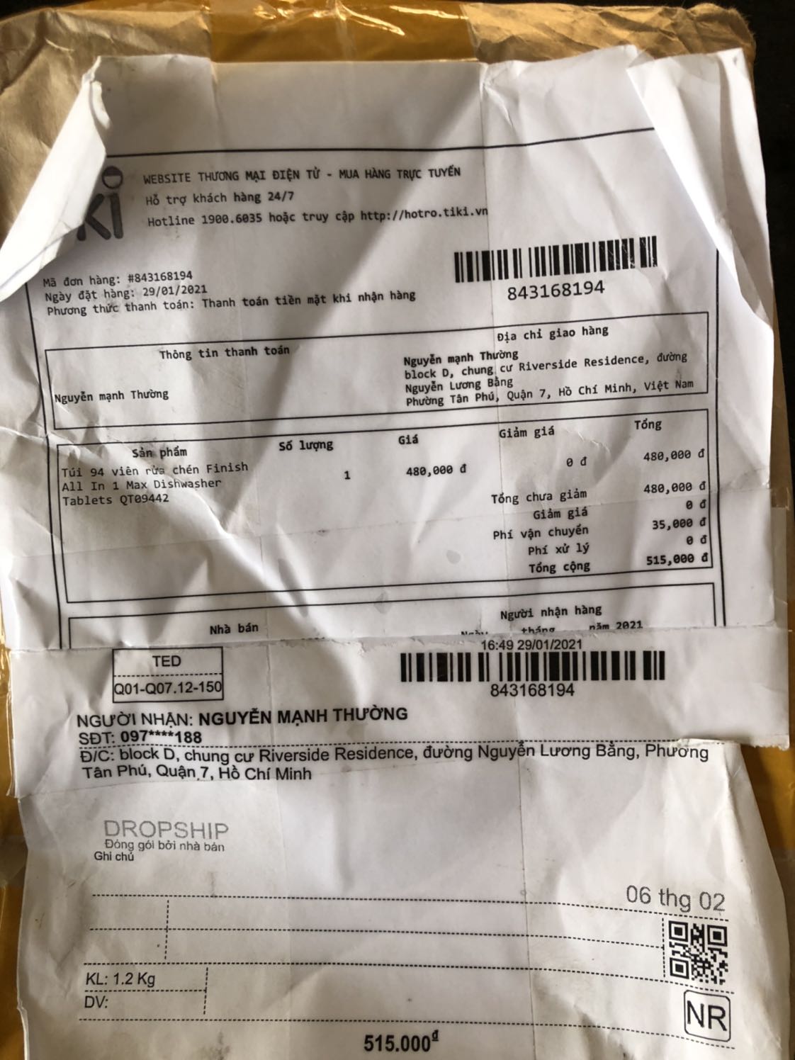 Giao sai sản phẩm , đơn hàng ghi rõ là 94 viên rữa chén hiệu Finish nhưng lại giao cái khác không liên quan