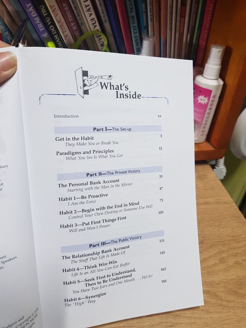 Sách của tác giả Sean Covey viết khỏi phải bàn. Súc tích và rất hay. 
Mình mua cuốn này là do mình muốn con mình luyện tập dsocj sách bằng tiếng anh cho quen.
Nhưng mọi người yên tâm rất dễ đoc và dễ hiểu.
