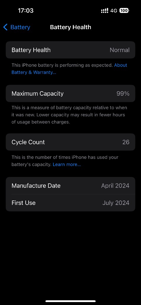 Sạc 26 lần pin xuống 99 🥹 Mặc dù sạc rất cẩn thận, dùng củ sạc chính hãng Apple, canh giờ sạc đầy 100% rút pin.