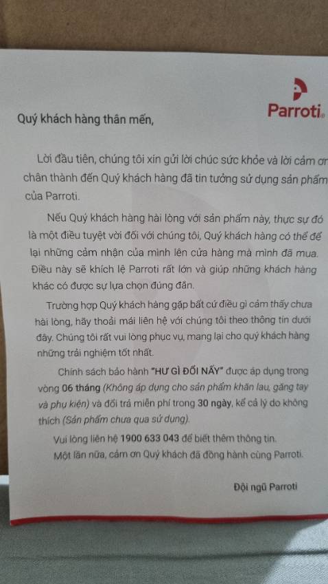 Cảm nhận đầu tiên khi nhận sản phẩm găng tay Parroti, dù chưa sử dụng, nhưng vẫn cảm thấy sản phẩm rất tốt, dày dặn, chắn chắn, đẹp. Cây lau nhà và khăn lau nhà của shop, tôi đã dùng qua thì rất tốt, tiện dụng, và đẹp. Đặc biệt, Parroti có giao nhanh trong vòng 2 tiếng, rất thuận tiện khi mua hàng.