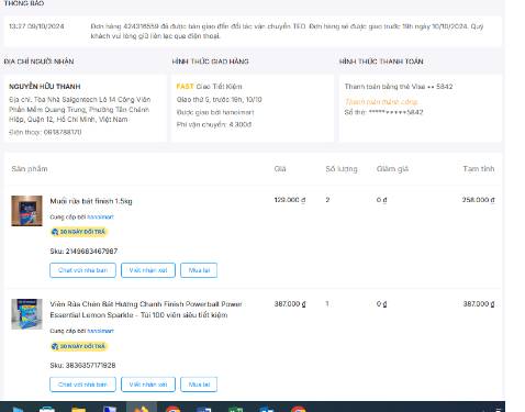 đơn hàng giao bị thiếu Muối rửa bát finish 1.5kg, đơn hàng gồm Viên rữa và 02 muối khi nhận không có 02 hộp muối.