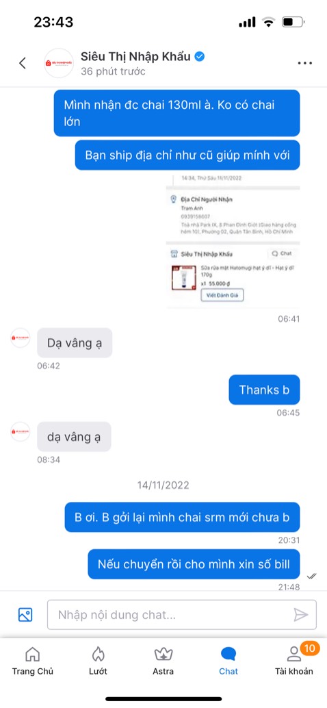 Lần đầu tiên trong từng ấy năm đi mua hàng mà gặp trường hợp này ấy. Cảm giác như shop đang cố tình *** mình ấy. Mình đặt 2 chai STR ( 1 chai 170 + 1 chai 130). Nhưng shop chỉ giao 1 chai 130gsm. Okay đồng ý có thể do sai sót, mình cũng liên hệ shop để shop giải quyết. Nhưng có vẻ như bên bạn cố ý muốn trì hoãn ko giải quyết thì phải. Mình nhận hàng từ 11/11, cũng báo lại shop từ hôm đó. Đến nay 15/11 dù nhắn tin và liên lạc nhưng shop cố tình ko rep. Thật sự số tiền ko đáng là gì. 
Nhưng shop đã ship thiếu hàng. Bạn phải có hướng giải quyết cho KH, chớ bán buôn mà bạn lùa khách kiểu vâng vâng rồi cho qua câu chuyện thì chẳng khác nào bạn *** khách cả. 
Thật sự thất vọng về shop và cả tiki. Ko nghĩ shop trên tiki mà có thể bán buôn thế đc. 
Kiểu KD như thế này của shop thì ko ai muốn quay lại lần sau đâu bạn à. 
Hình ảnh tn của mình nhắn shop rất là lịch sự và đã chờ đợi sự giải quyết của shop rồi. Nhưng shop cố tình ko giải quyết thì mình buộc phải đánh giá 1* cho dịch vụ của shop.