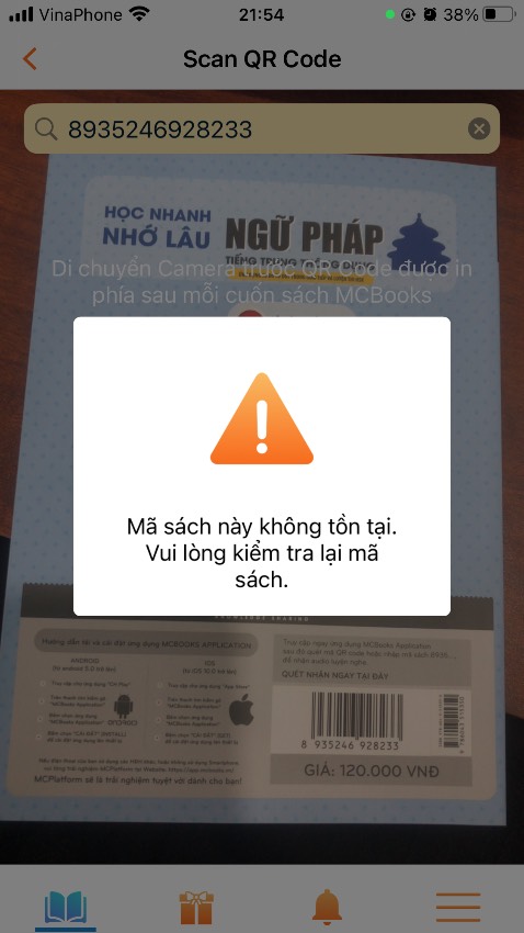 Sách fake, không có mã QR để quét học trên app MCbooks. Mua sách trên cửa hàng của MCbooks để được tặng kèm file nghe, nhưng buồn quá