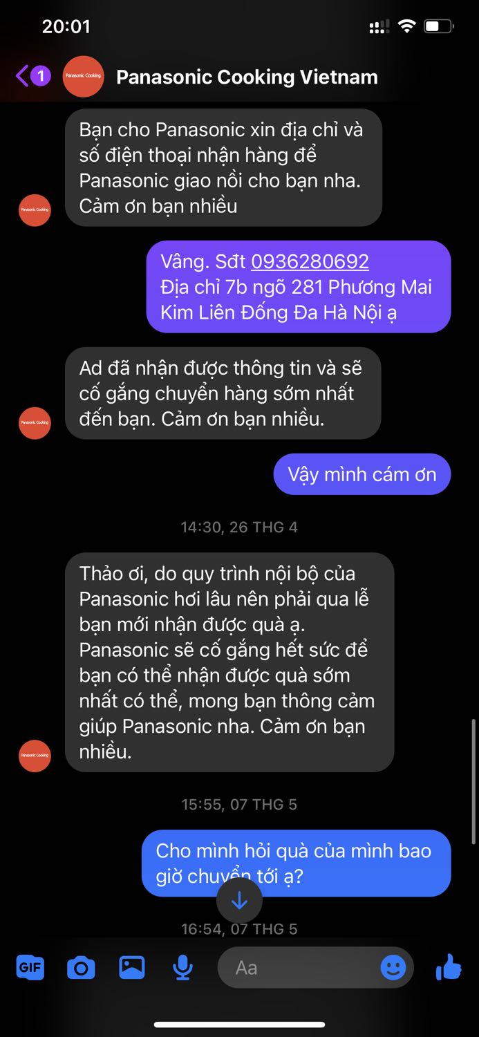 Mua hàng báo có khuyến mãi. Rồi hãng báo quà gửi sau vì nghỉ, nhưng mãi không gửi quà. Nhắn tin hỏi không trả lời lại. Thiếu tôn trọng khách hàng. 
Tiki 5 sao nhưng Panasonic 1 sao.