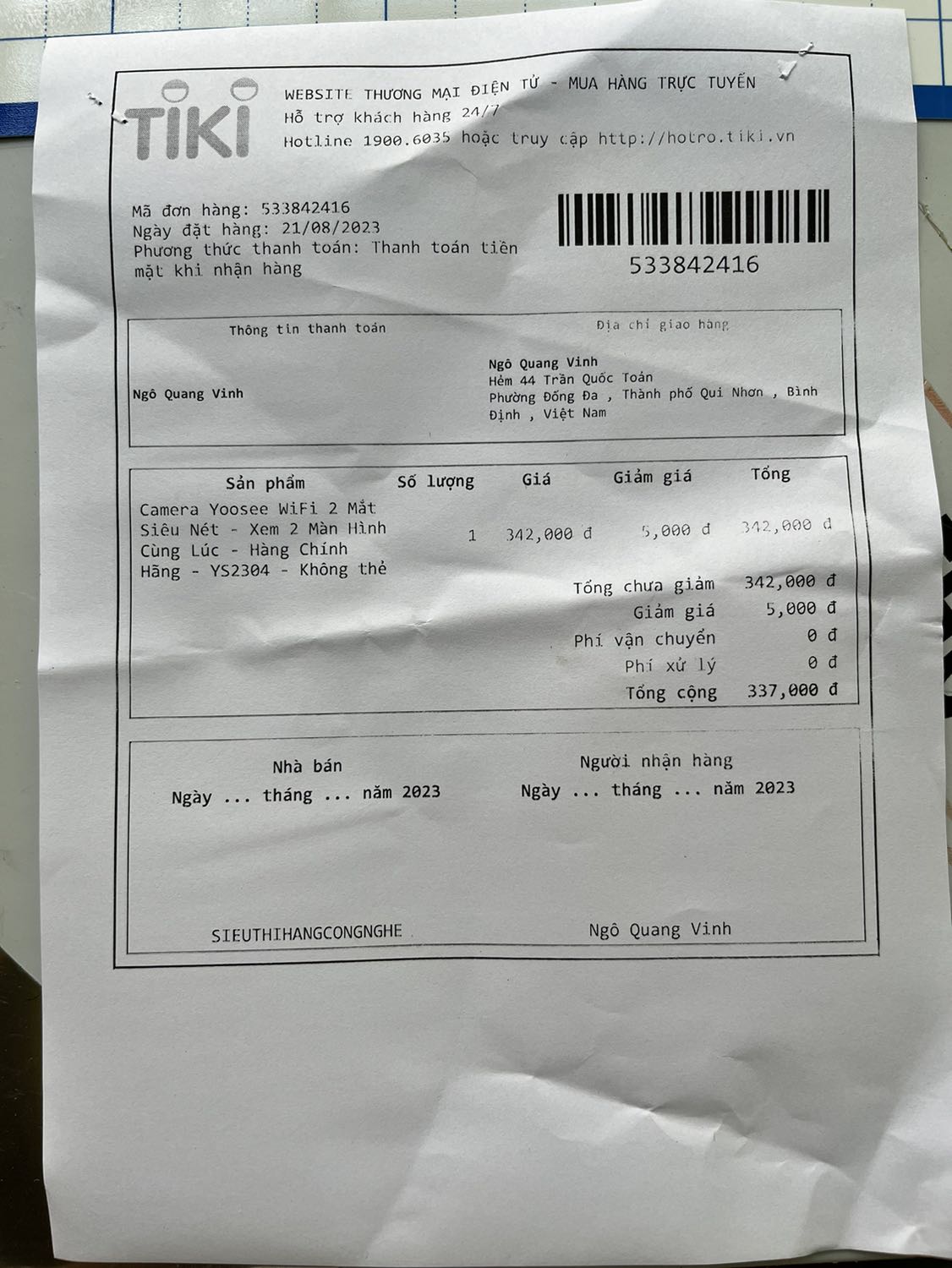 Hàng mua về không cài được để chạy, máy bị lỗi. Đề nghị đổi lại hàng khác. Đề nghị cho biết địa chỉ cụ thể để đổi lại hàng. Yêu cầu bên bán trước khi chuyển hàng cho khách hàng cần phải *** trước khi gửi. Đề nghị cho địa chỉ cụ thể để gửi trả lại hàng. Số điện thoại khách hàng là ***, tên:Ngô Quang Vinh, mua hàng ngày 21/8/2023.