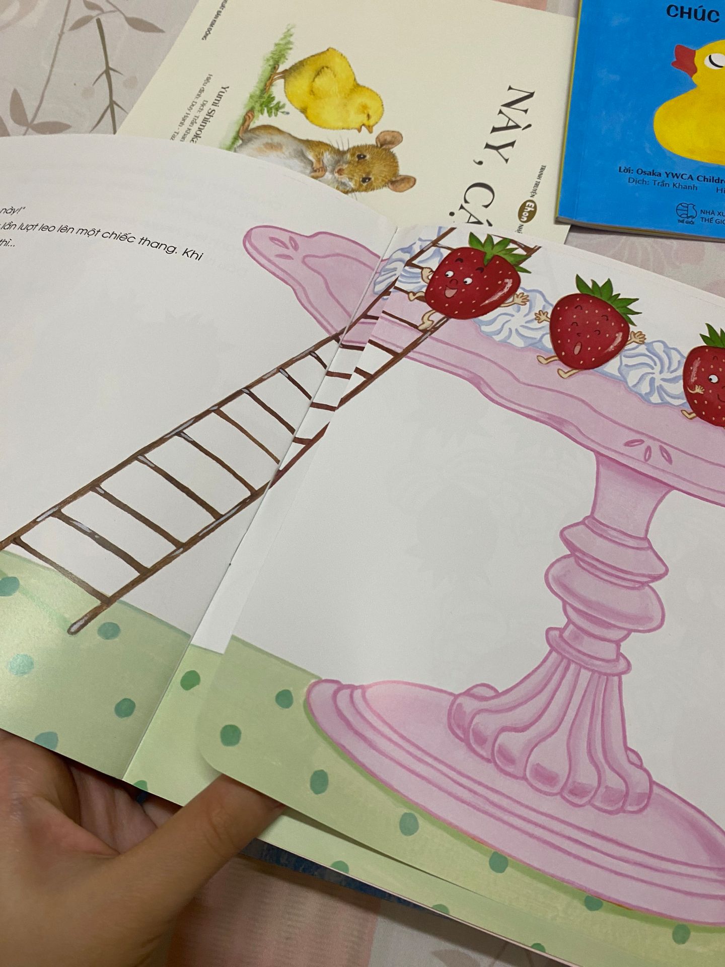 màu sắc đẹp, hình vẽ nét chì thân thiện với mắt của con. mình thích sách kiểu đơn giản thế này, trvia bé con cũng thích quả dâu với sách màu hồng