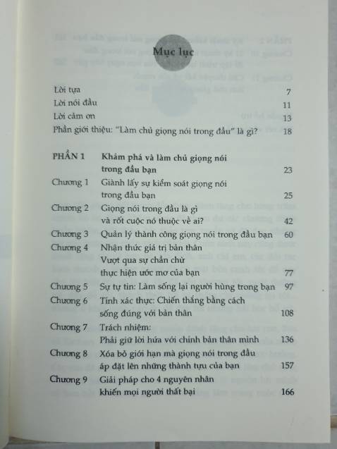 Mục lục sách có tiêu đề mình thấy khá thú vị! Các chương đầu của sách sẽ làm rõ các nguyên nhân hình thành giọng nói trong đầu, ảnh hưởng của nó đến đời sống cũng như công việc. Còn về 2 chương cuối là nói về các thủ thuật để kiểm soát nó. Riêng mình thấy khá hữu ích và thực tế, các bạn có thể tham khảo.