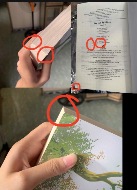 Sách bị df siêu nhiều phải hơn 10 lỗ lõm cực to ở bìa keo, mà k chỉ bìa keo k mà nó bị lõm sâu vô bìa áo,sách bên trong.Gáy sách thì bị cong,gập hết cả 2/4 góc.Phần gáy của bìa keo cũng bị gập thành một hình tam giác.Thật sự trải nhiệm quá tệ.Đóng gói sơ sài,có chống sốc nhưng k đáng kể,dán băng keo k kín (chỉ dc tối đa 5 ảnh nên mình sẽ ghép nh bức vô một ảnh,mỗi hình tròn đỏ đều là một vết df riêng k trùng vs bất cứ cái nào)