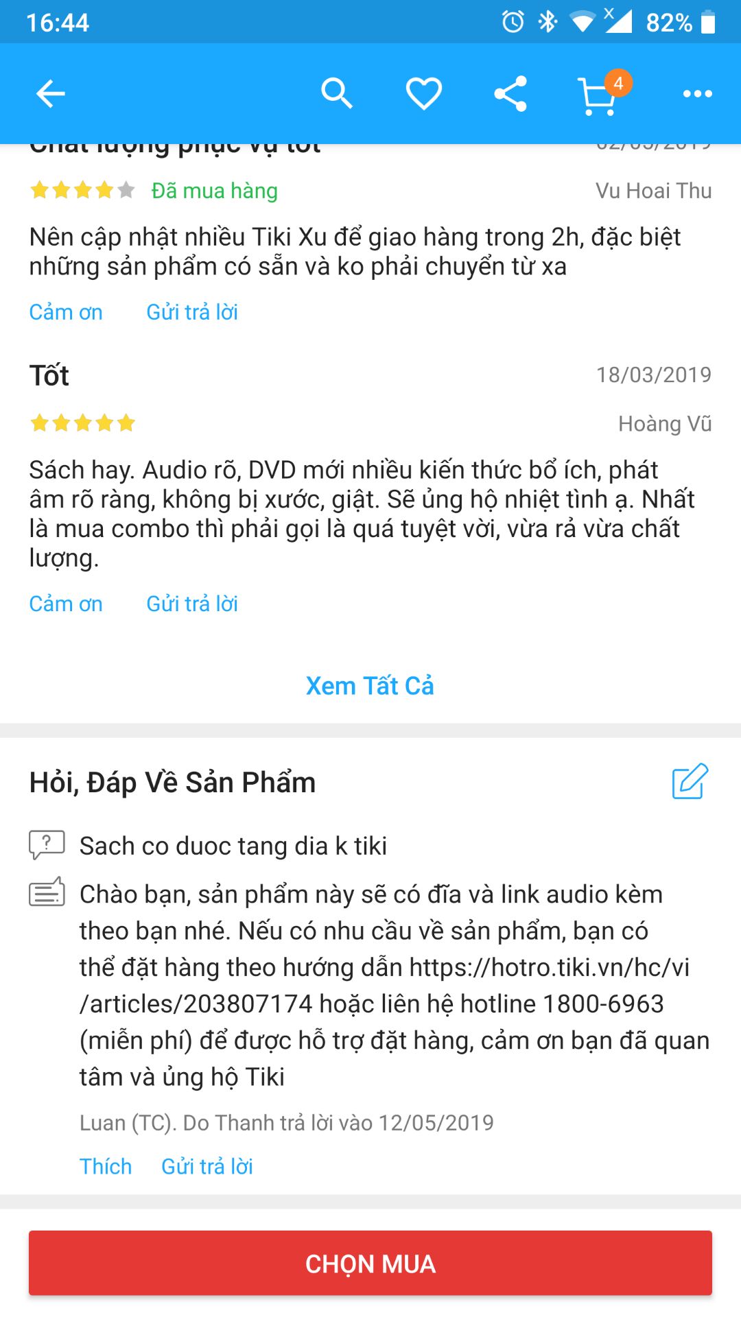 trước khi đặt hàng đã hỏi xem sách có đĩa kèm theo k! được trả lời là có.
thanh toán bằng momo được ưu đãi giao hàng nhanh, nhưng lại giao hàng chậm khoảnghơn 3ngaymới nhận.
nhận hàng sáchkhông có đĩa DVD, tờ hướng dẫn đường link audio nghe, khách hàng mua hàng comment là có ,đòi thì mới gửi qua email đường link audio
sách thì bị gãy bìa gáy.
về nội dung sách thì OK.
