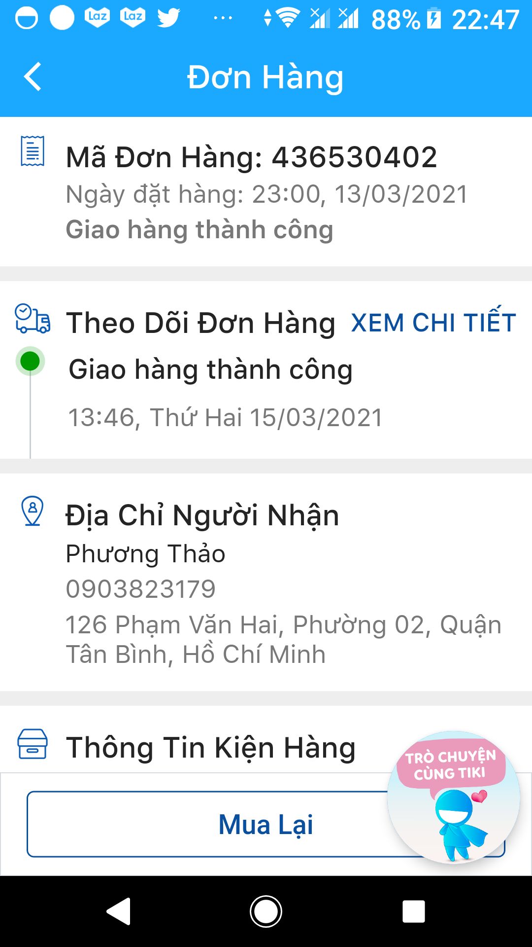 Tôi đặt cùng lúc 2 sản phẩm : micro và giá để tập nhạc .
tổng số tiền tôi phải thanh toàn khi nhận 2 sản phẩm trên là 113.000đ
Tại sao TiKi tách ra sản phẩm nào tôi cũng phải thanh toán 113.000đ.
Ngày thứ chai ,tôi đã nhận micro và đã thanh toán 113.000đ.
Hôm nay, có thông báo tôi phải chuẩn bị 113.000đ để nhận giá để tập nhạc. 
Có nhầm lẫn hay sai sót gì ở đây ????