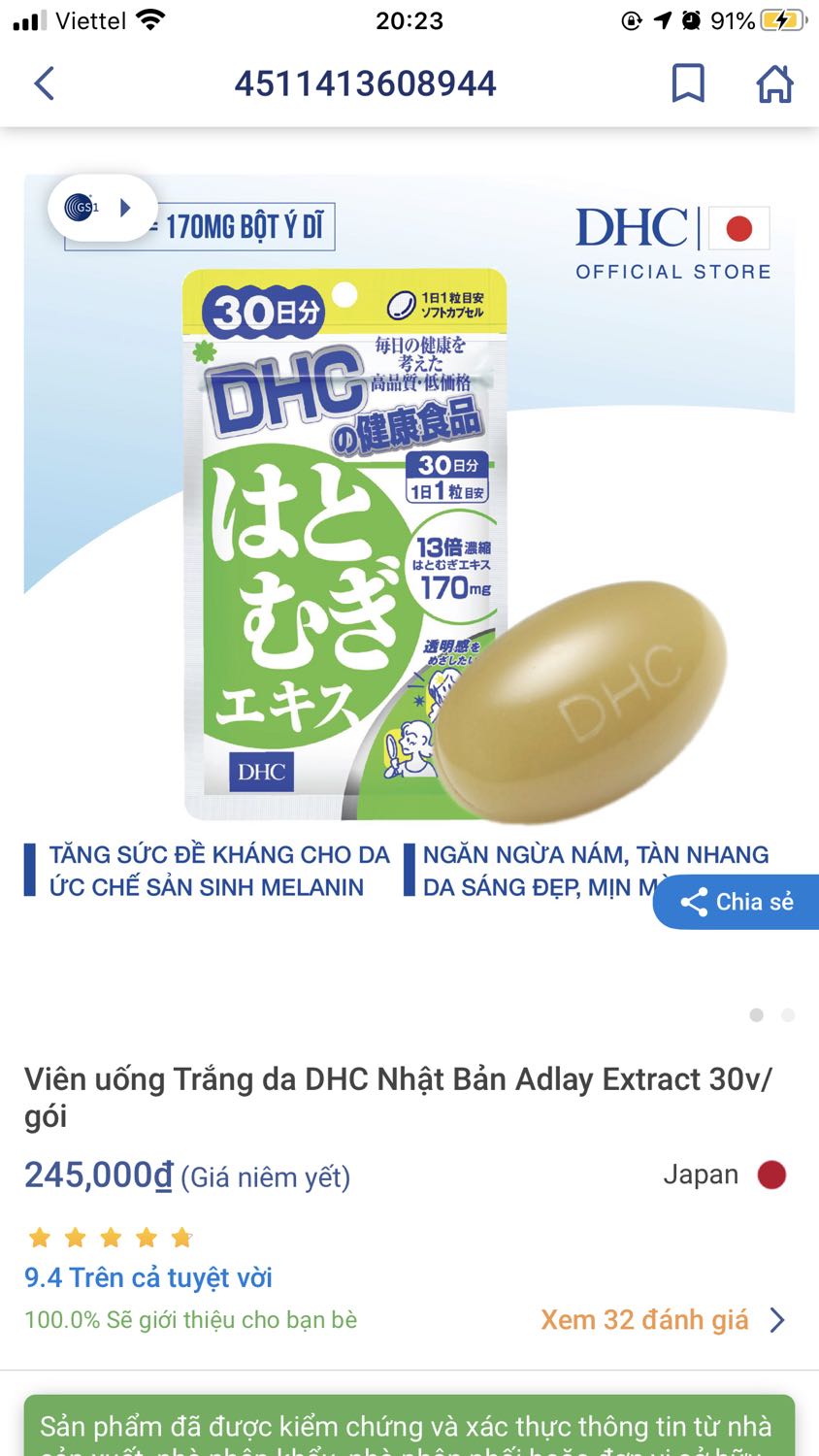 Đóng gói kỹ lưỡng, tuy giao hàng hơi chậm vì HN gửi vô SG. Hàng chính hãng, check mã vạch ra xuất xứ, có tem chống hàng giả, có tem phụ tiếng Việt. TPCN nên có nguồn gốc hẳn hoi vẫn an tâm sử dụng hơn. Đợt sau mình lại ủng hộ tiếp & biết tên cửa hàng nên khi mua sản phẩm. Mấy anh chuỵ em ngựa ngựa vô tìm comment về sản phẩm thì mua đi nghe. Sản phẩm tốt & chất lượng dù chưa thấy trắng lên vì mới sử dụng, ít nhất cũng từ 1 tháng trở lên mới thấy hiệu quả.