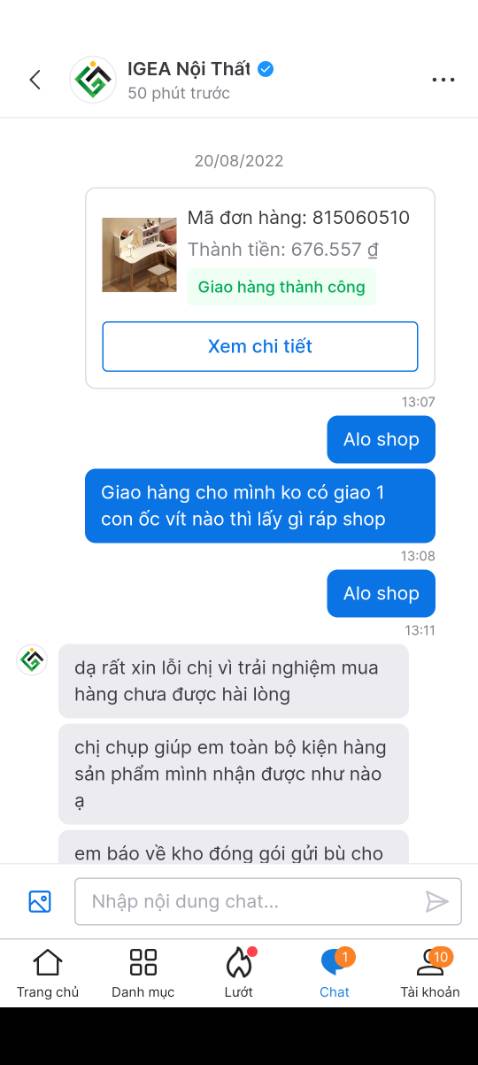 Dịch vụ khách hàng không tốt, giao hàng không đi kèm 1 con ốc vít nào, báo với shop và shop báo đã lên đơn gửi Viettel, rồi với lứa do thứ 7, chủ nhật rồi Viettel chưa lấy hàng. Đến khi mình báo lên Tiki nếu không giải quyết vấn đề bù ốc vít sớm mình sẽ trả hàng mới bắt đầu xử lý gửi hàng thiếu. Nói chung là đang định mua thêm sản phẩm nhưng với cách làm việc mà lỗi sai cỉa shop nhưng kh phải liên hệ hối thúc thì mới giải quyết thì sẽ không mua hàng thêm lần nào nữa.