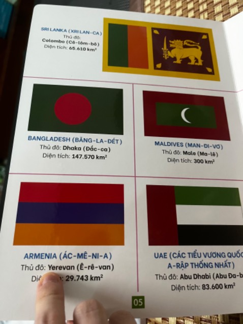 Giấy màu bìa cứng, dày, chắc chắn. Nội dung gồm tên nước, thủ đô và diện tích. Trình bày dễ nhìn, dễ thuộc.