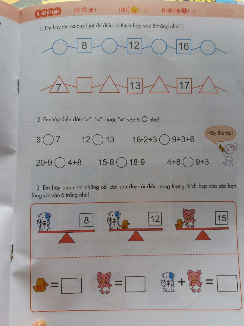 Quyển sách này có lẽ phù hợp với bé tốt nghiệp lớp 1 thì đúng hơn. 
Tôi suy nghĩ một đứa trẻ như con tôi đã tiếp cận toán từ 4 tuổi, đã đi học tại trung tâm toán tư duy A+. Bé có thể tự làm toán lớp 1 tập 1, nâng cao tập 1. nhưng đụng quyển này tôi thật sự rất bất ngờ với yêu cầu của lớp 1??? Đề ôn vào lớp 1 mà nội dung cứ như học hết lớp 1 rồi !!!
Lúc mua quyển này tôi không nghĩ tác giả đang ở trên mây như vậy. Và có lẽ tôi sẽ không mua sách của Nhà xuất bản này nữa@@
Hãy đăng nhận xét của tôi như 1 phần cam kết Tiki kinh doanh minh bạch. Cảm ơn Tiki