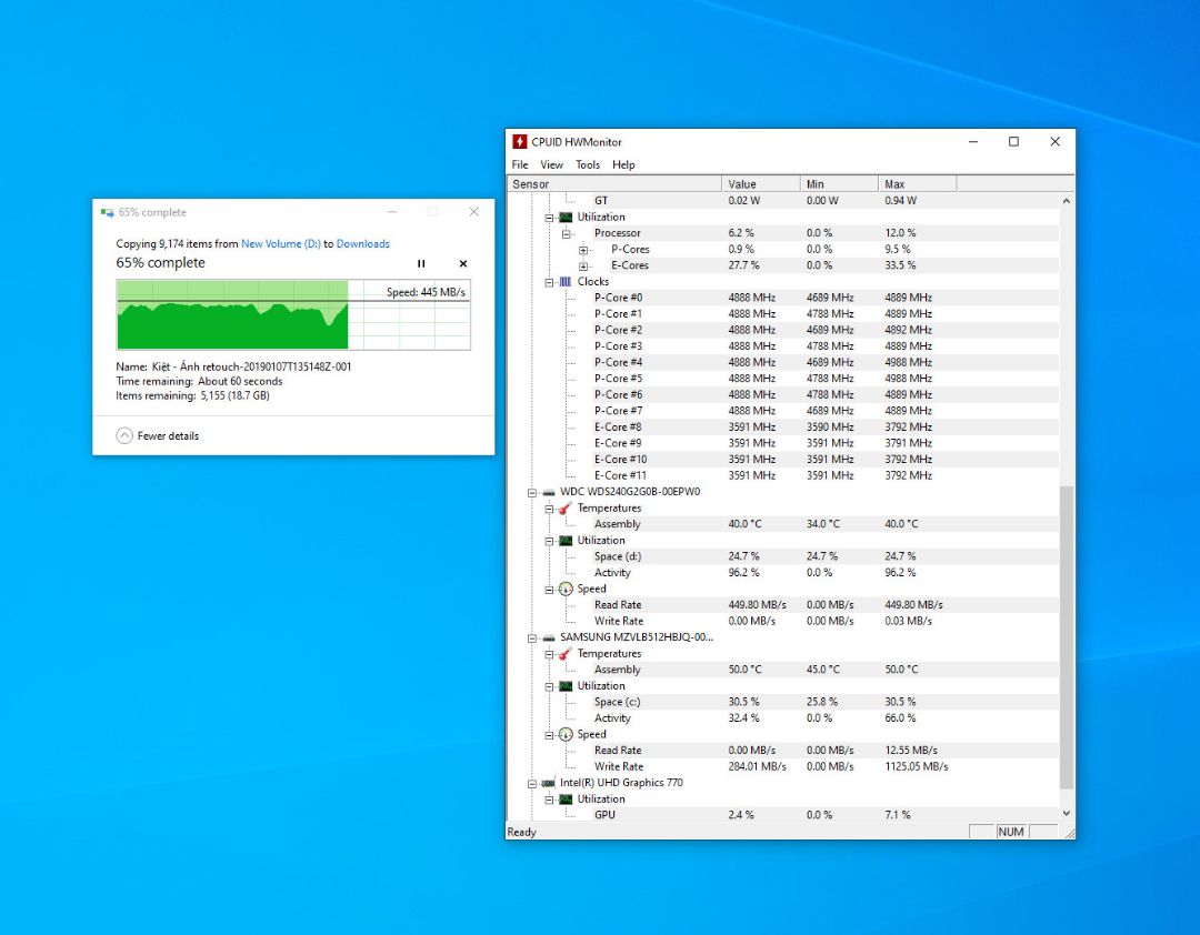xài ngon nha mọi người. ổ D là wd green. còn download là ổ Samsung. mìng copy qua lại thử để xem tốc độ và nhiệt độ. File hình gần 50gb 10 ngàn tấm. xài ngon nha mọi người. ổ D là wd green. còn download là ổ Samsung. mìng copy qua lại thử để xem tốc độ và nhiệt độ. File hình gần 50gb 10 ngàn tấm.