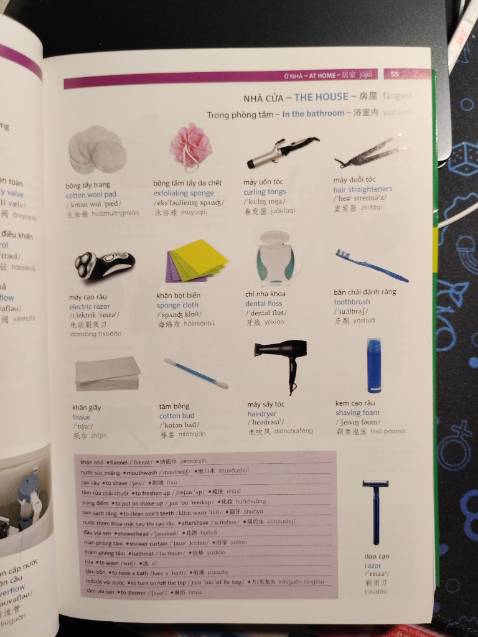 *Chất liệu: giấy bóng trơn,mùi giấy thơm nhẹ.
*Kích thước: nhỏ gọn mang theo khi di chuyển rất tiện. 
*Chữ in: hơi nhỏ nhưng vẫn rõ nét. Riêng phần chữ trung nét hơi mảnh nếu đậm hơn nữa sẽ tốt hơn.
***Nội dung sách : TUYỆT VỜI.
1. Từ vựng phổ biến thường sử dụng được phân theo chủ đề.
2. Danh sách động từ thường xuyên sử dụng.
3. List mục lục phía sau cả 3ngôn ngữ đều phân theo bảng chữ cái rất dễ tra từ.
=> Ngày nay tra từ điển bằng internet ko còn xa lạ (mjh chỉ áp dụng nếu muốn nghe phát âm).Nhưng ghi nhớ từ vừng riêng cá nhân mjh vẫn thích cầm sách trên tay nhìn vẫn hiệu quả hơn.