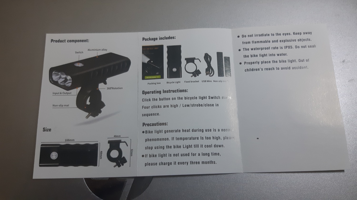- Rất ưng ý. Giao hàng nhanh, đóng gói tốt. 
- Đèn chính trước nhìn cực cool. Liền lạc. Nút nhấn chế độ có dán tấm kim loại nhỏ bấm mát tay :) 
- Nhìn bên ngoài sản phẩm chống nước tốt.
- Bát gắn chặt. Đèn có thể xuay 360 độ theo phương ngang.
- Bật max sáng thân đèn nhiệt độ hơi ấm nhẹ. Đèn sáng tỏa tốt
- Độ sáng đèn hơi yếu . Độ sáng thực tối đa khoảng 250-300 lumen.
- Chưa *** pin nên cũng không biết đèn max sáng bao lâu. Nhưng thời gian sáng không phải là vấn đề nếu thay 2 cục pin sạc xịn 3500mAh

- Đèn sau đi kèm cảm quan chống nước tốt. Chất lượng tốt. Độ sáng cao, nhiều chế độ chớp

Kết luận :
Sản phẩm chất lượng, đèn trước độ sáng hơi yếu nhưng rất rất đáng mua trong tầm giá. tiền.