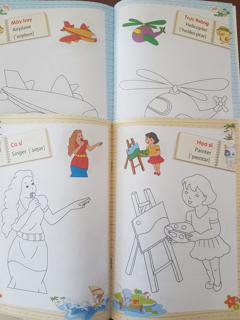 Hình đơn giản dễ tô, phù hợp mẫu giáo. Các chủ đề đều có hình đẹp, riêng chủ để Nghề nghiệp thì ko được đẹp. Giấy hơi mỏng (nhìn thấy hình bên mặt kia) nhưng cũng phù hợp với giá tiền.