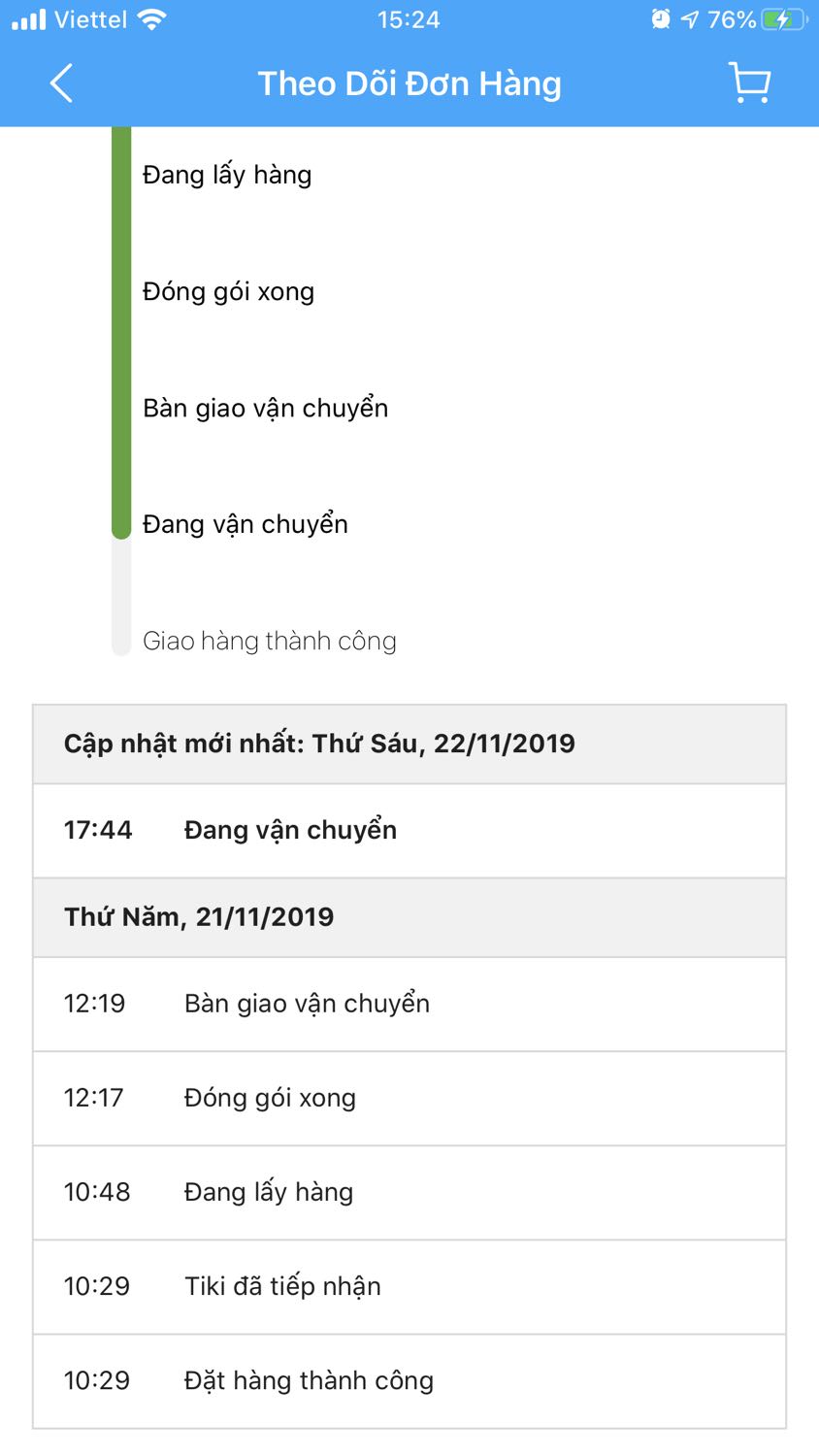 Đơn hàng lẽ ra được giao vào thứ 7. Sáng thứ 7 thì lại thấy tình trạng đơn hàng quay lại “Bàn giao vận chuyển”. Gọi tổng đài thì được báo là: Nhân viên giao hàng báo rằng khách hàng hẹn lùi giao hàng, trong khi mình không hẹn vì đang mong nhận hàng lắm. Hơi thất vọng.