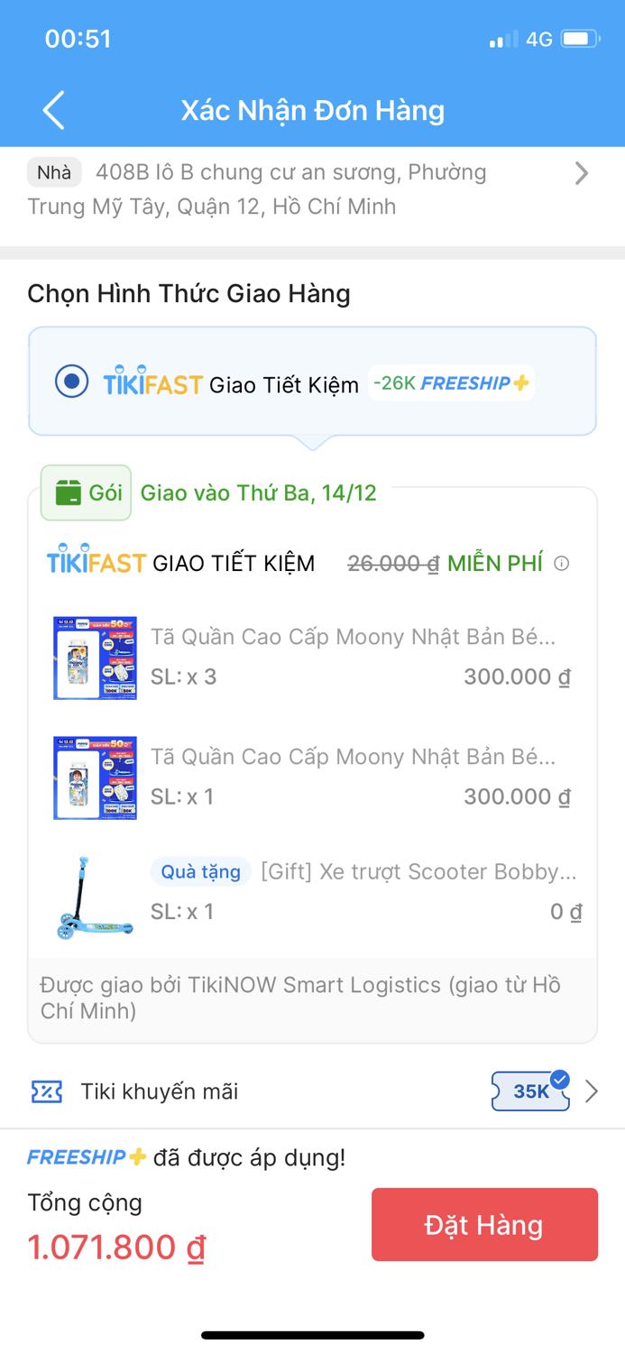 Nhà còn nhiều bỉm. Mà thấy moony có quà. Đặt 1199 mới tặng xe. Ráng thức tới 0h đặt hàng để lấy quà. Vô đặt trong giỏ hàng có hiện quà mới nhấn đặt hàng. Mà khi nhận thì không có. Tiki không hỗ trợ chức năng chat nên không nhắn hỏi được. Đề nghị xem lại đơn hàng đi ạ. Đơn đủ đk thì gửi kèm quà luôn chứ 😡