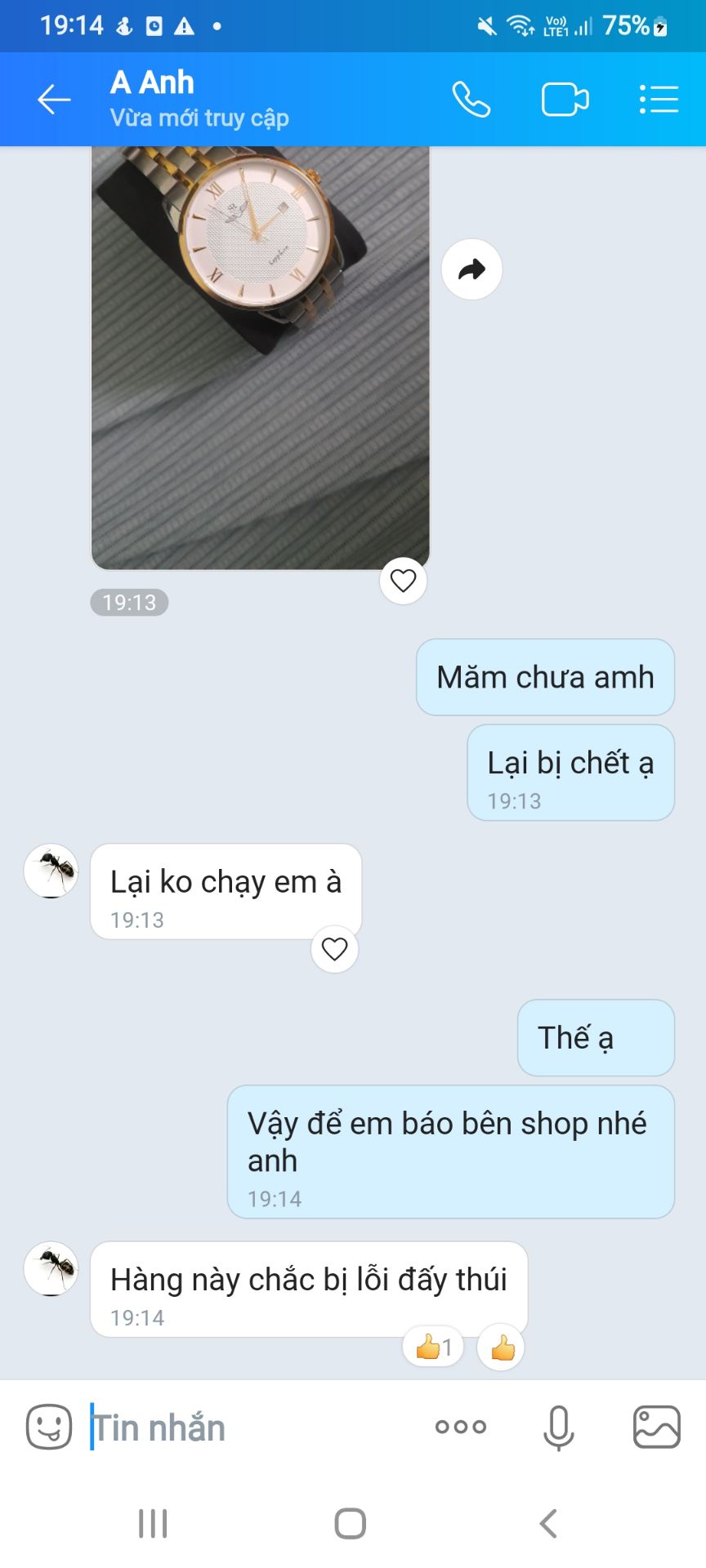 Alô... e đã nhận đồng hồ. Nhưng đồng hồ không chạy. KT giúp em nhé shop. Hộp đóng cẩn thận, giao hàng nhanh, nhưng không thấy có pin