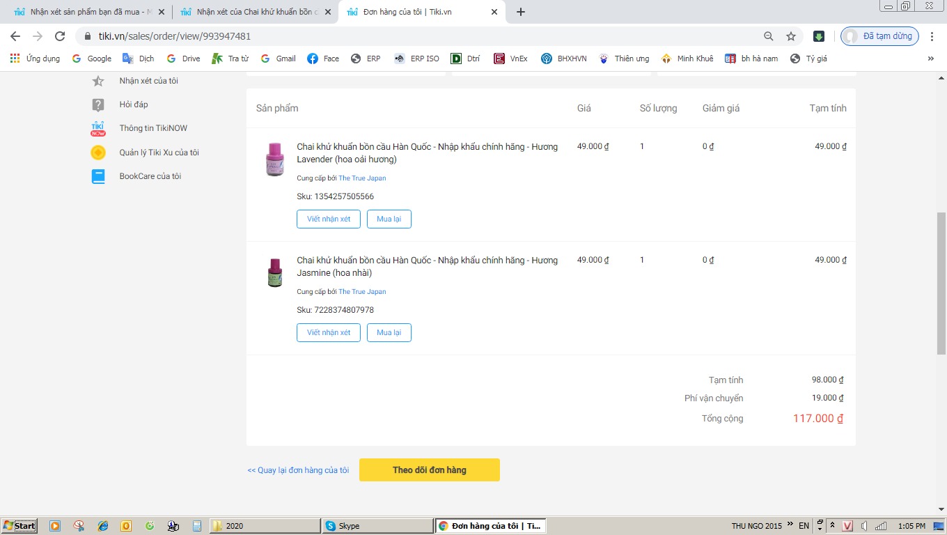 Mình đặt mua 1 chai khử khuẩn bồn cầu hoa oải hương và 1 chai hoa nhài. Thực tế shop gửi hàng về cho mình lại 1 chai khử bồn cầu chanh và 1 chai hoa nhài. hàng gửi nhận không đúng với đơn đã đặt.