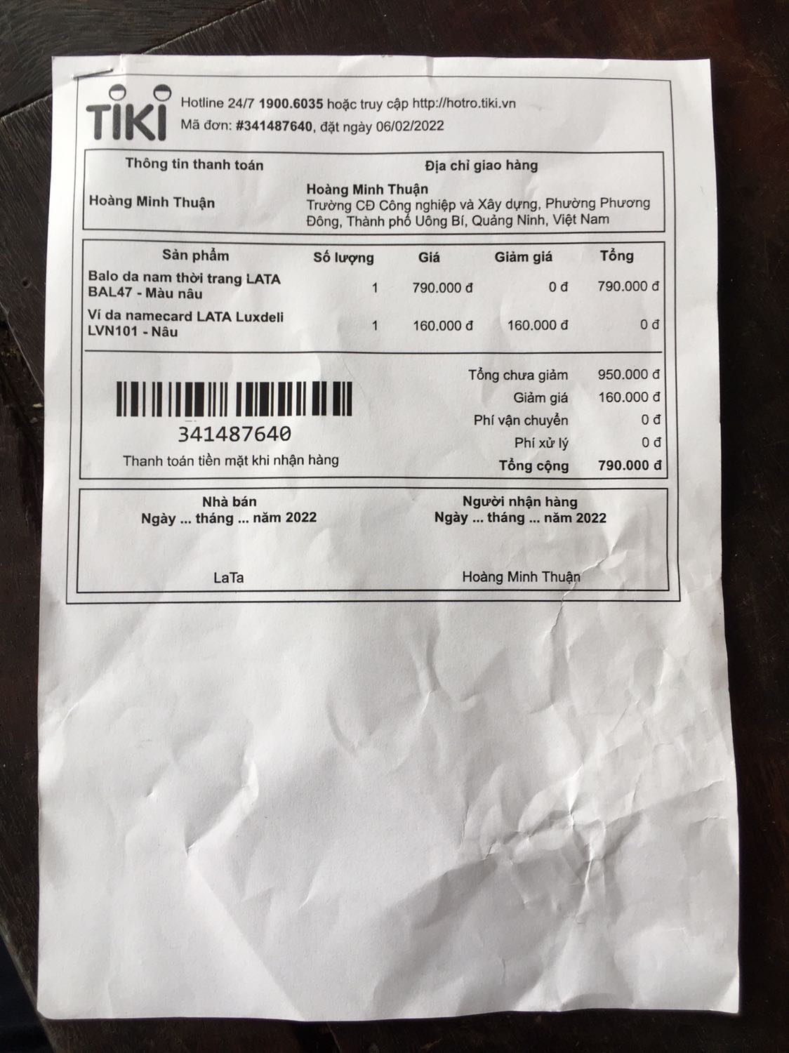 Mình đã nhận được Balo da nam thời trang LATA BAL47 nhưng không có quà tặng là Ví da nam namecard LATA Luxdeli LVN101