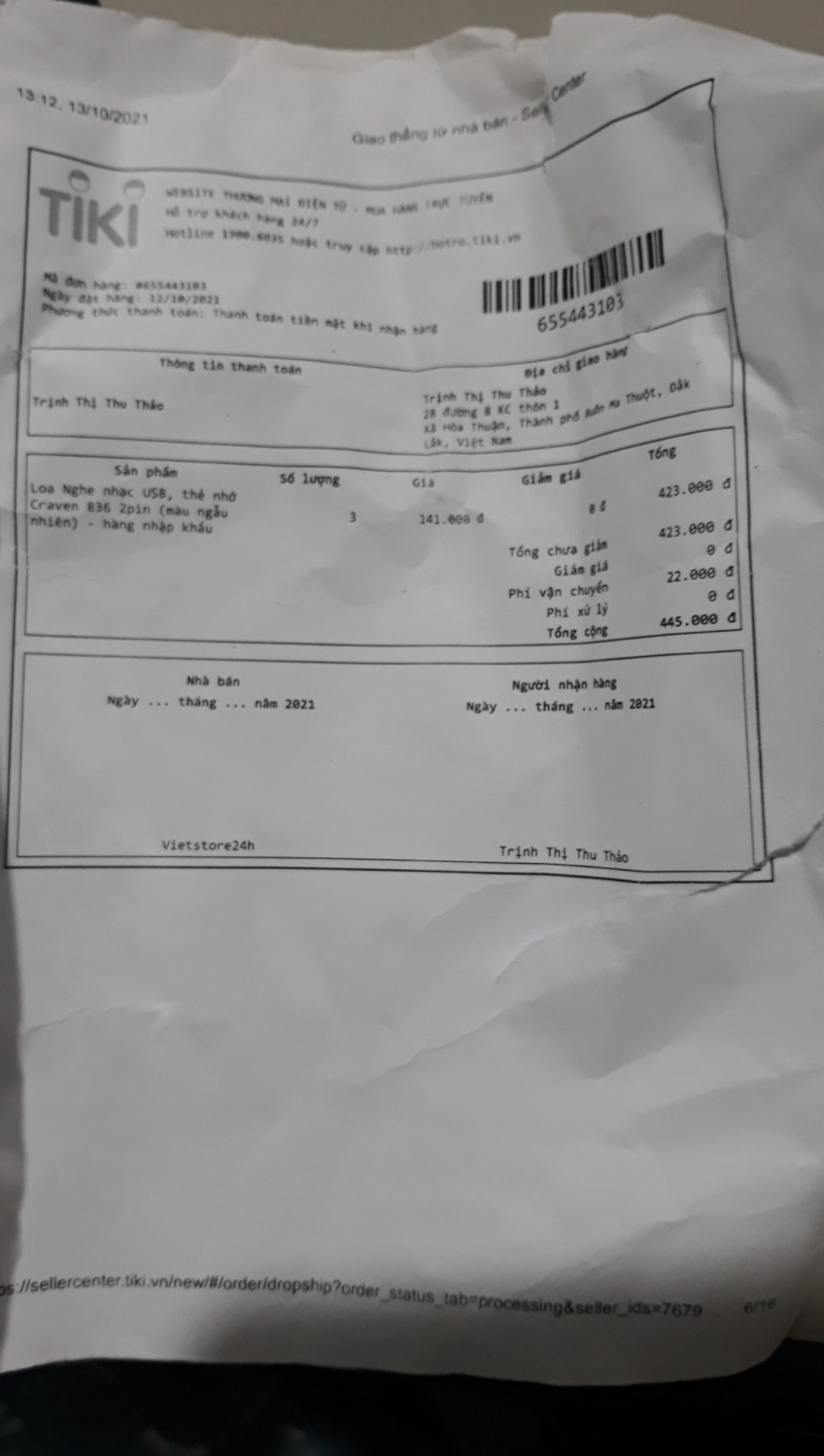 mua 3 loa ,mà giao có  1 loa và ghi tiền 3 loa,mình đi làm người nhà nhận , giờ mình liên hệ ai để hỏi ah